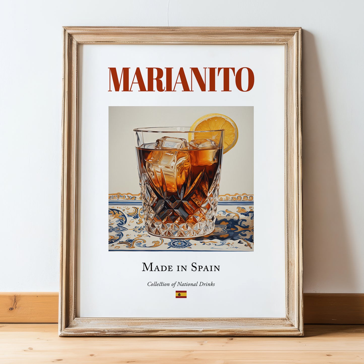 Marianito – Spanish Cocktail Drink, Beach Bar Painting, in wooden frame leaning on the floor