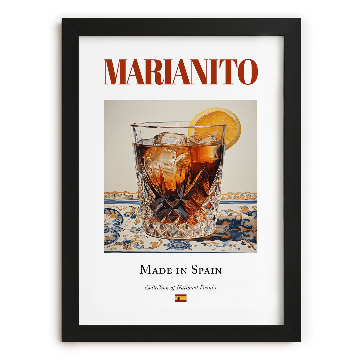 Marianito – Spanish Cocktail Drink, Beach Bar Painting, in sleek black frame
