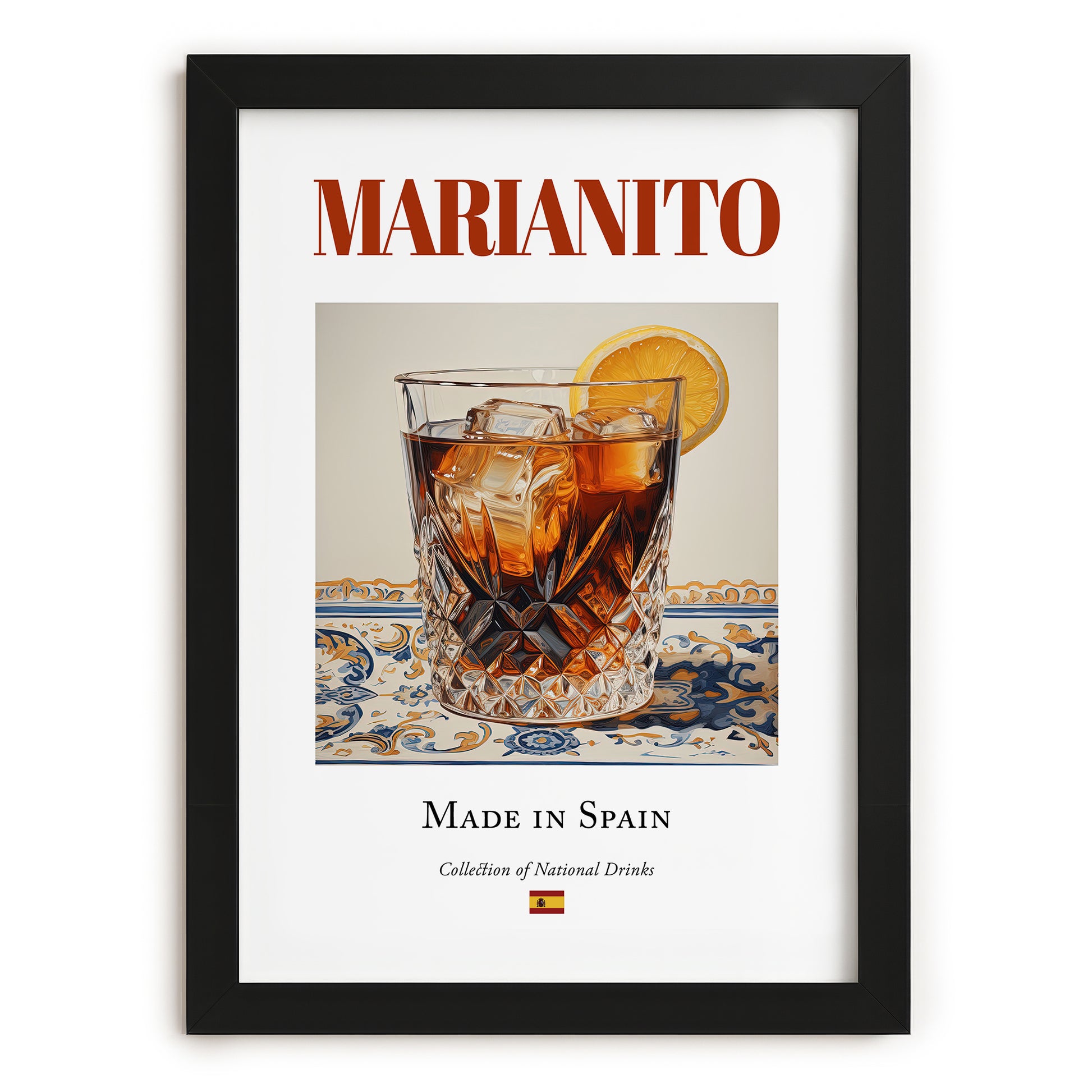 Marianito – Spanish Cocktail Drink, Beach Bar Painting, in sleek black frame