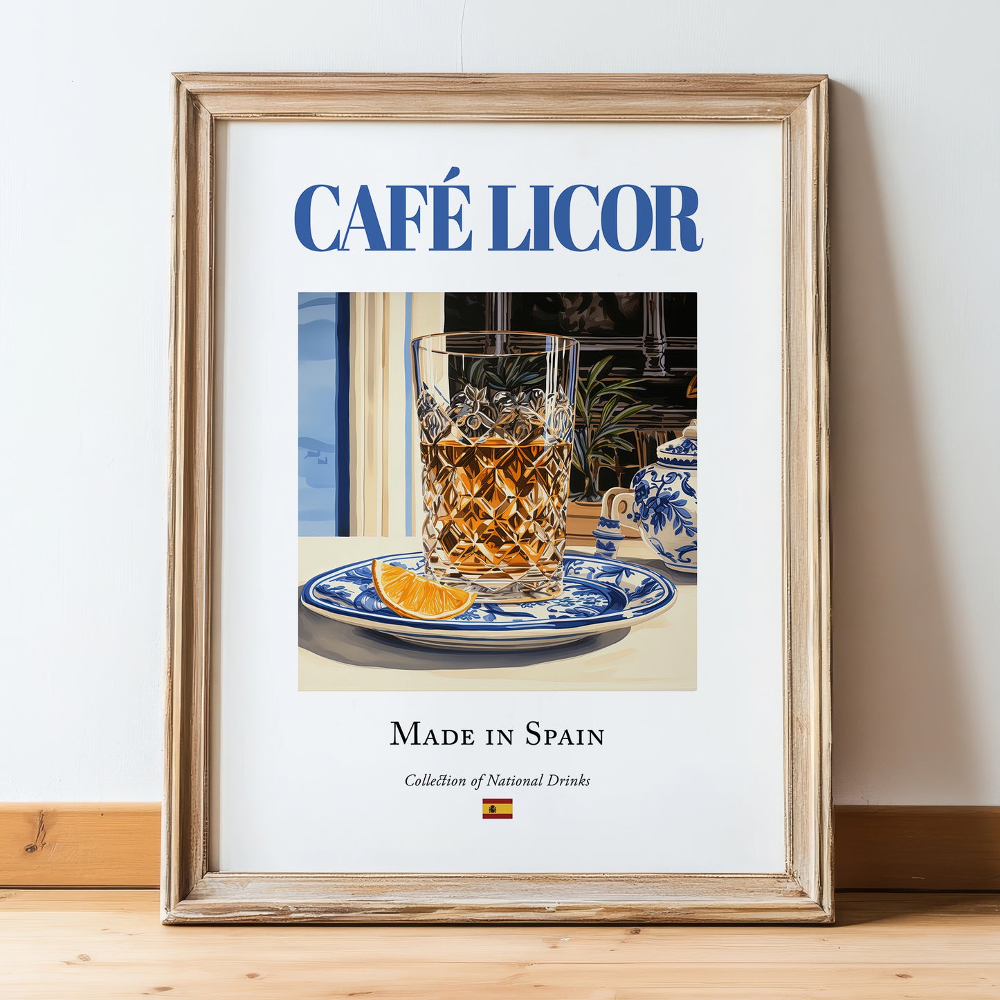 Café licor – Spanish Coffee, Coffeehouse Poster, in wooden frame leaning on the floor