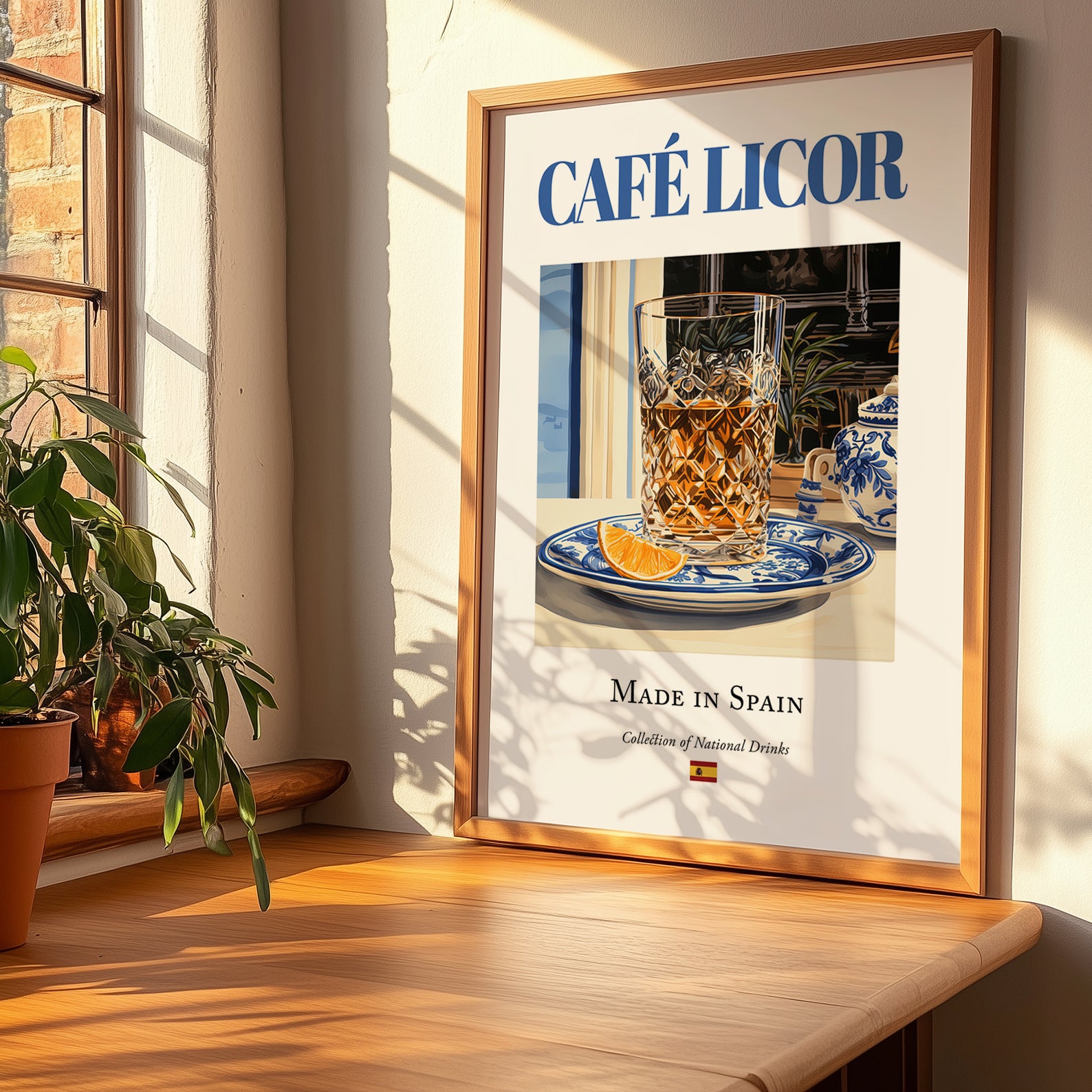 Café licor – Spanish Coffee, Coffeehouse Poster, no-text version framed in wood