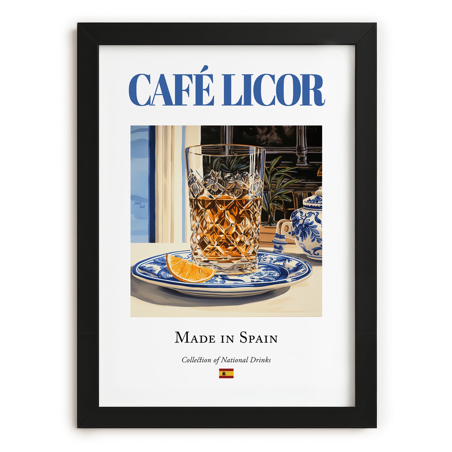 Café licor – Spanish Coffee, Coffeehouse Poster, in sleek black frame