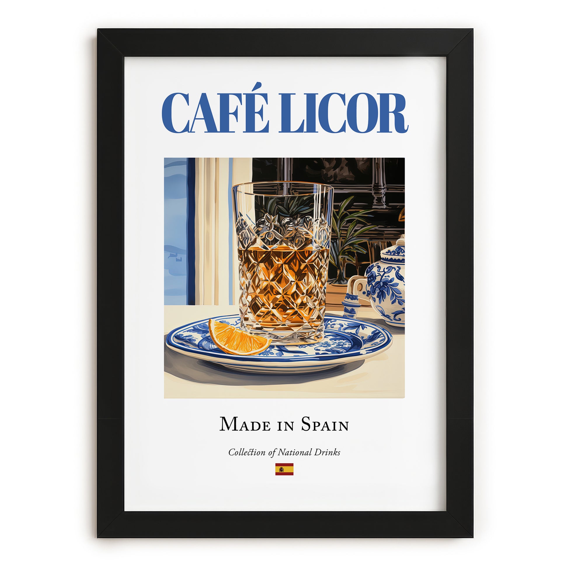 Café licor – Spanish Coffee, Coffeehouse Poster, in sleek black frame