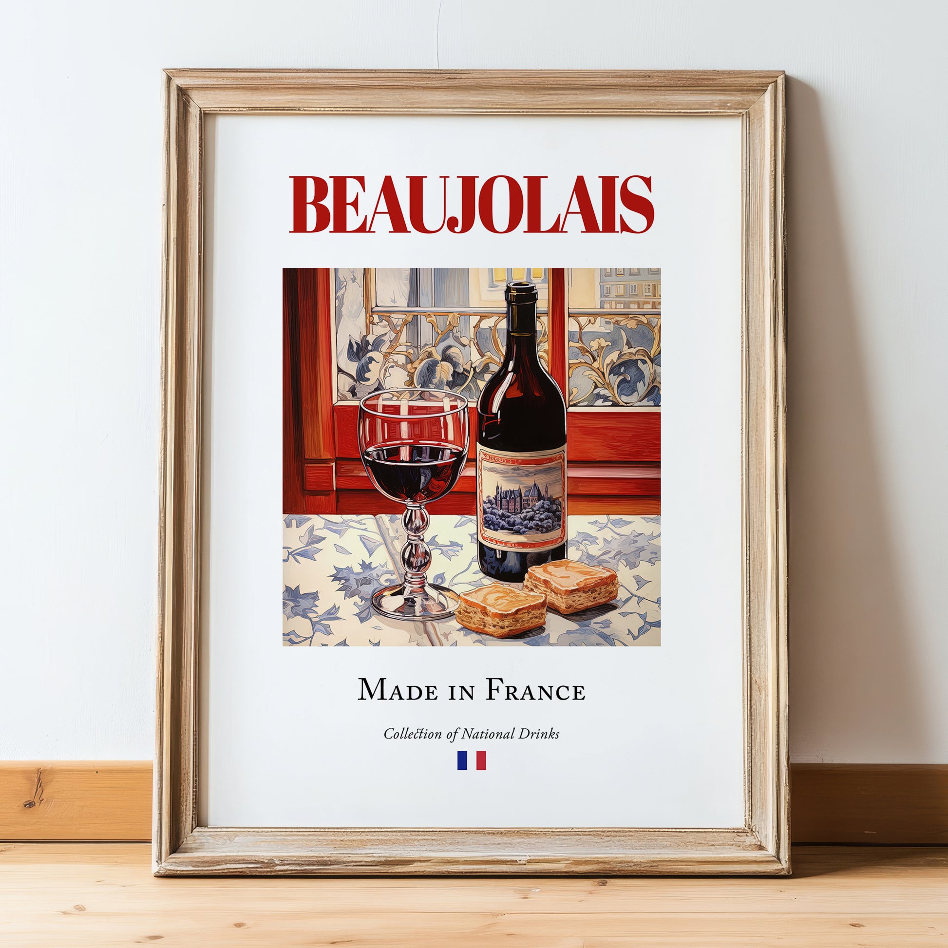 Beaujolais – French Red Wine, Vinoteca Painting, in wooden frame leaning on the floor