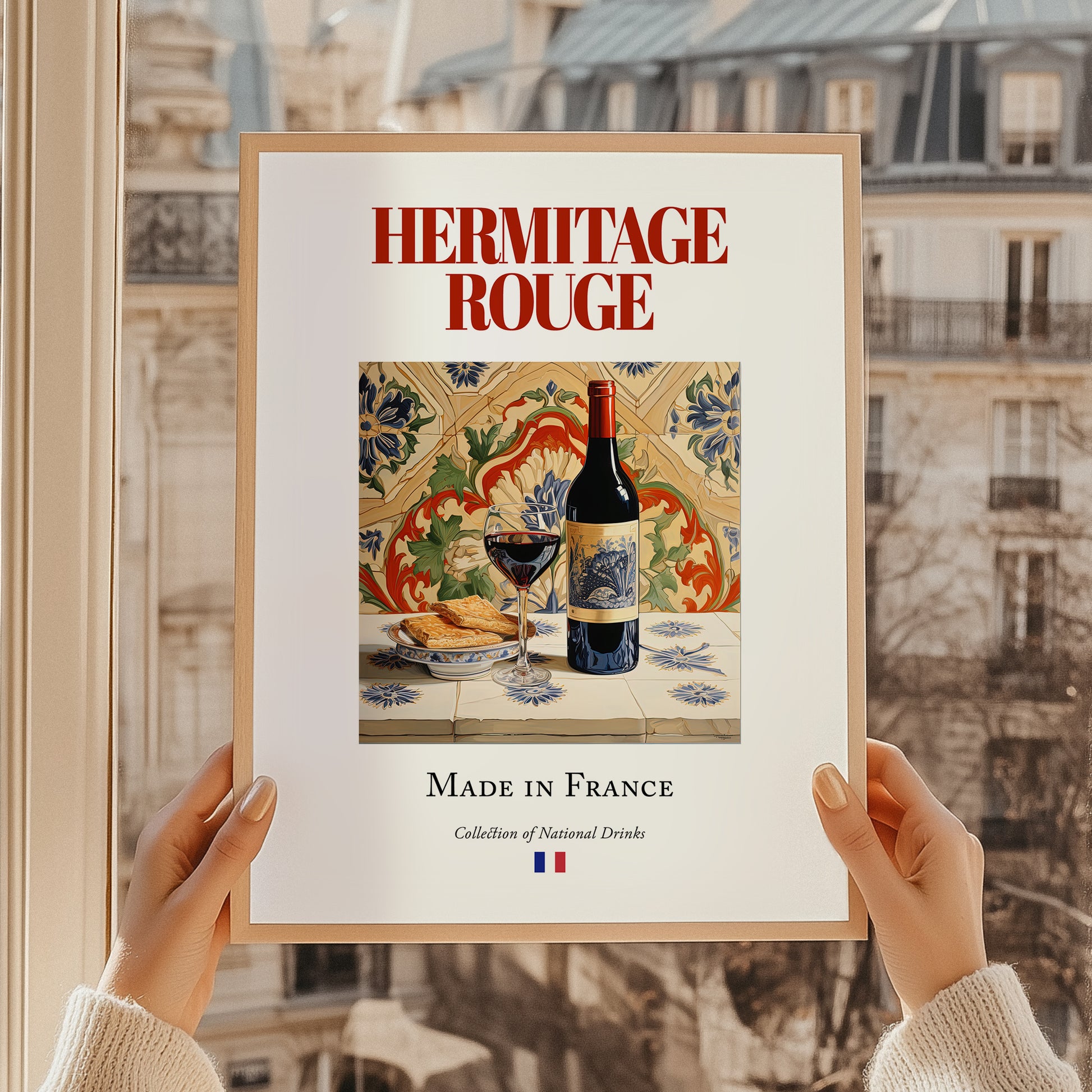 Hermitage rouge – French Red Wine, Vinoteca Poster, styled in a charming Paris street view