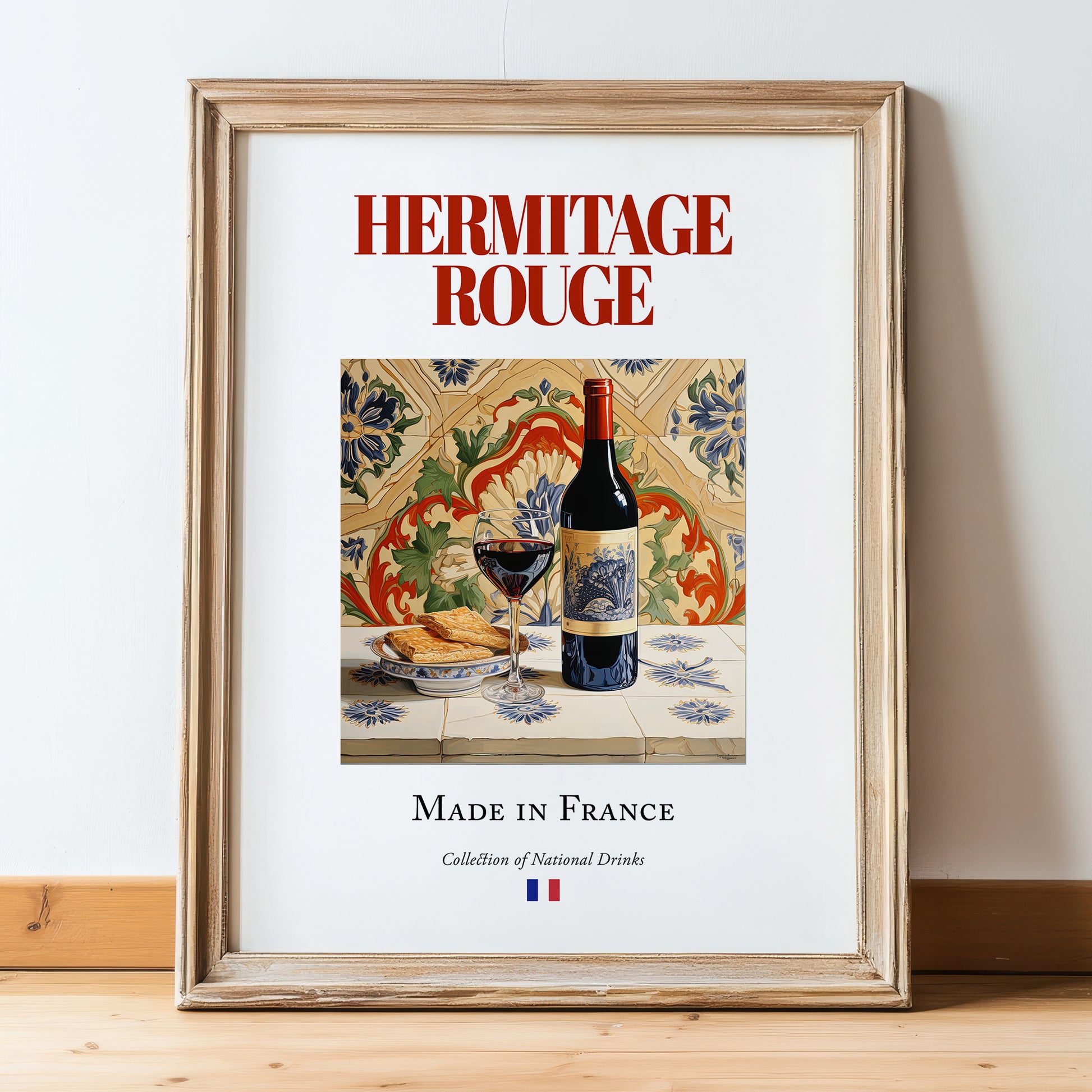 Hermitage rouge – French Red Wine, Vinoteca Poster, in wooden frame leaning on the floor
