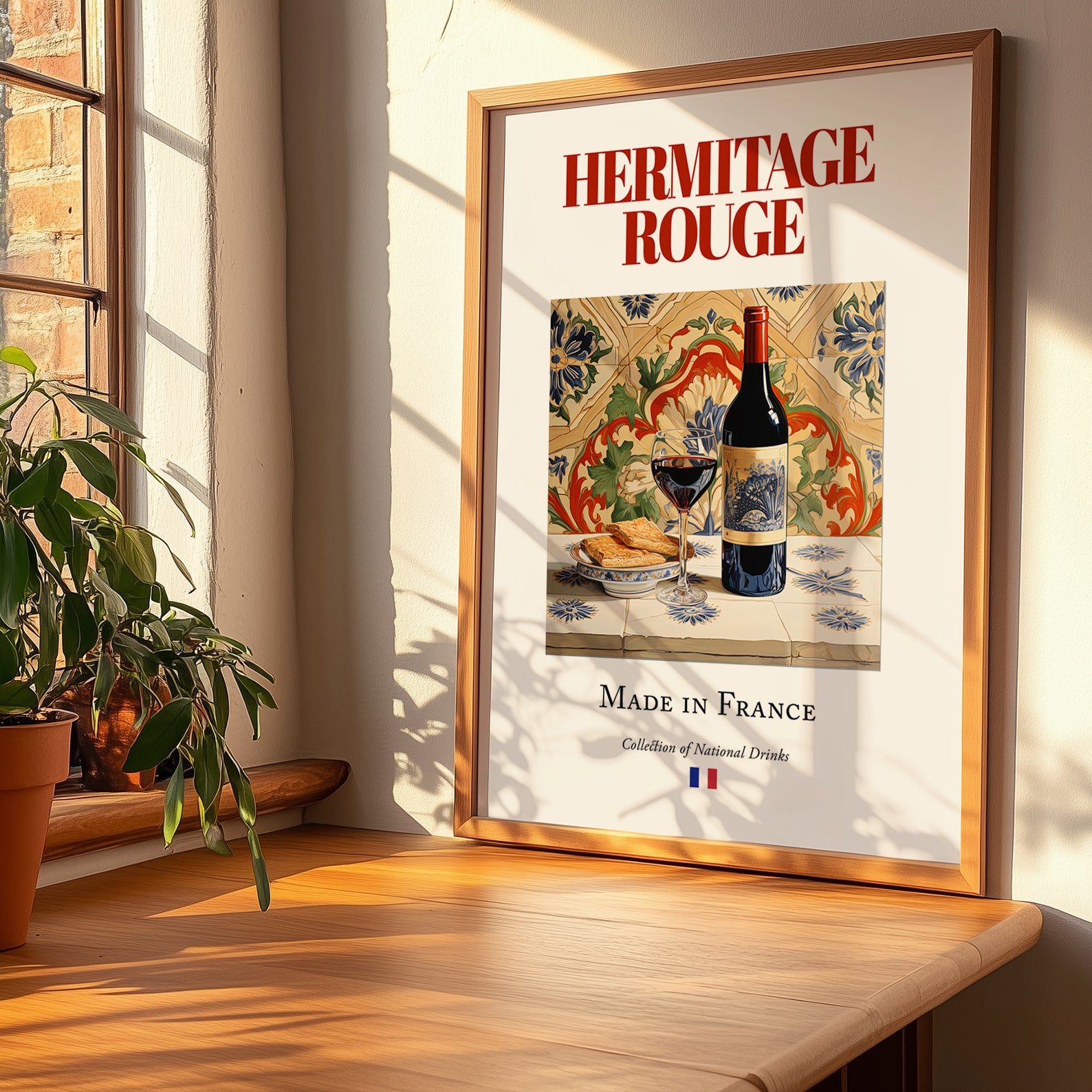 Hermitage rouge – French Red Wine, Vinoteca Poster, no-text version framed in wood