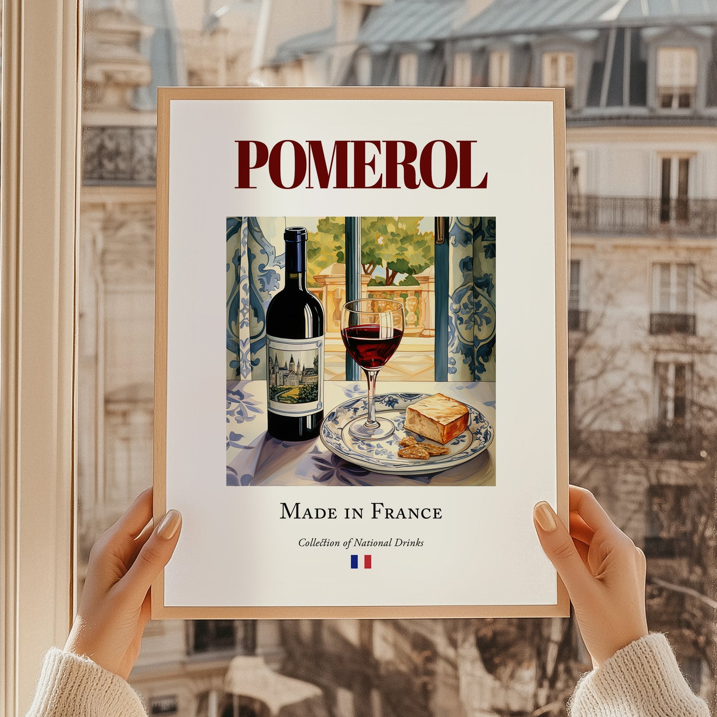Pomerol – French Red Wine, Wine Bar Print, styled in a charming Paris street view