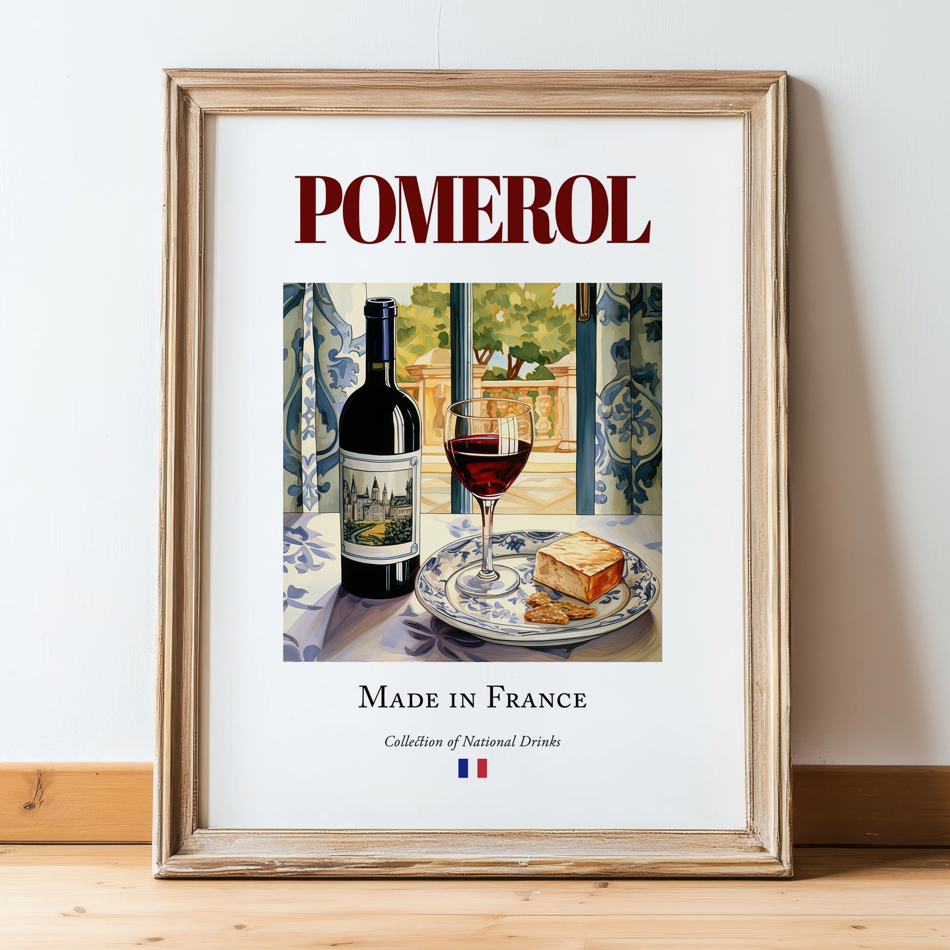 Pomerol – French Red Wine, Wine Bar Print, in wooden frame leaning on the floor