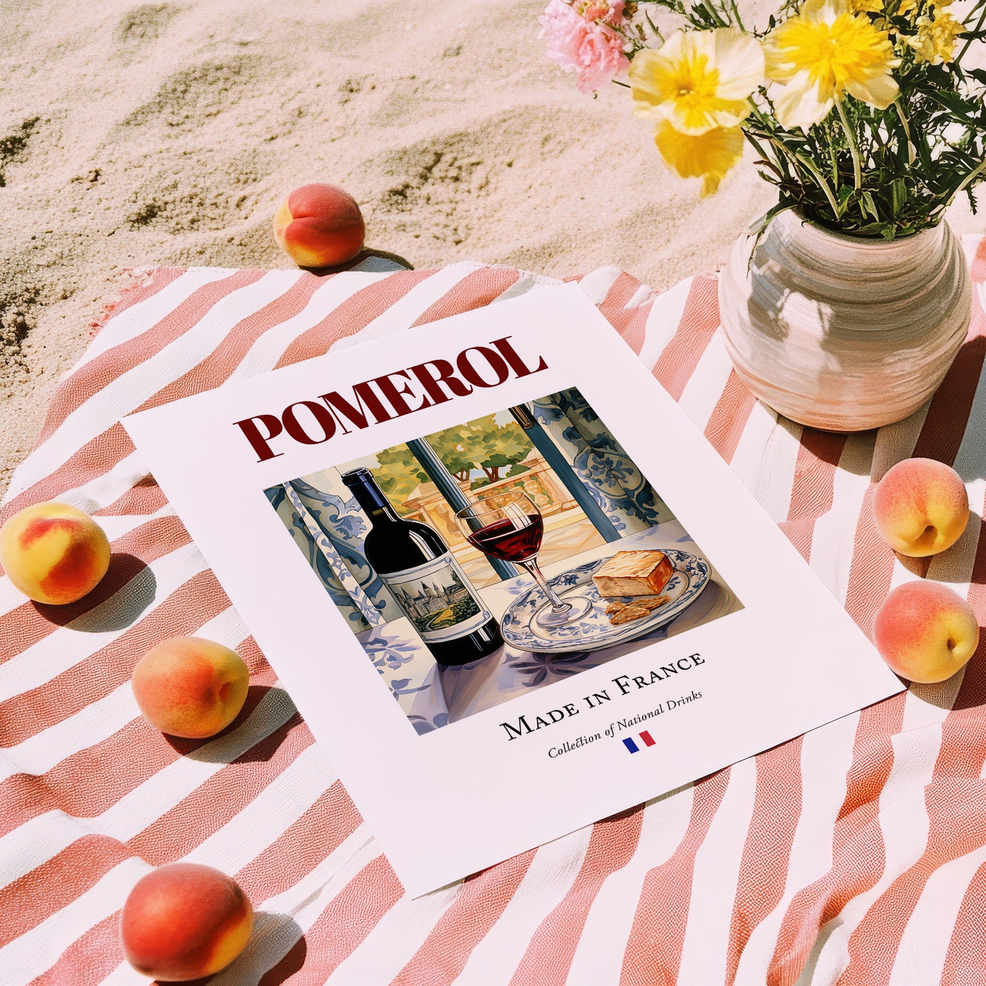 Pomerol – French Red Wine, Wine Bar Print, unframed on coastal sand