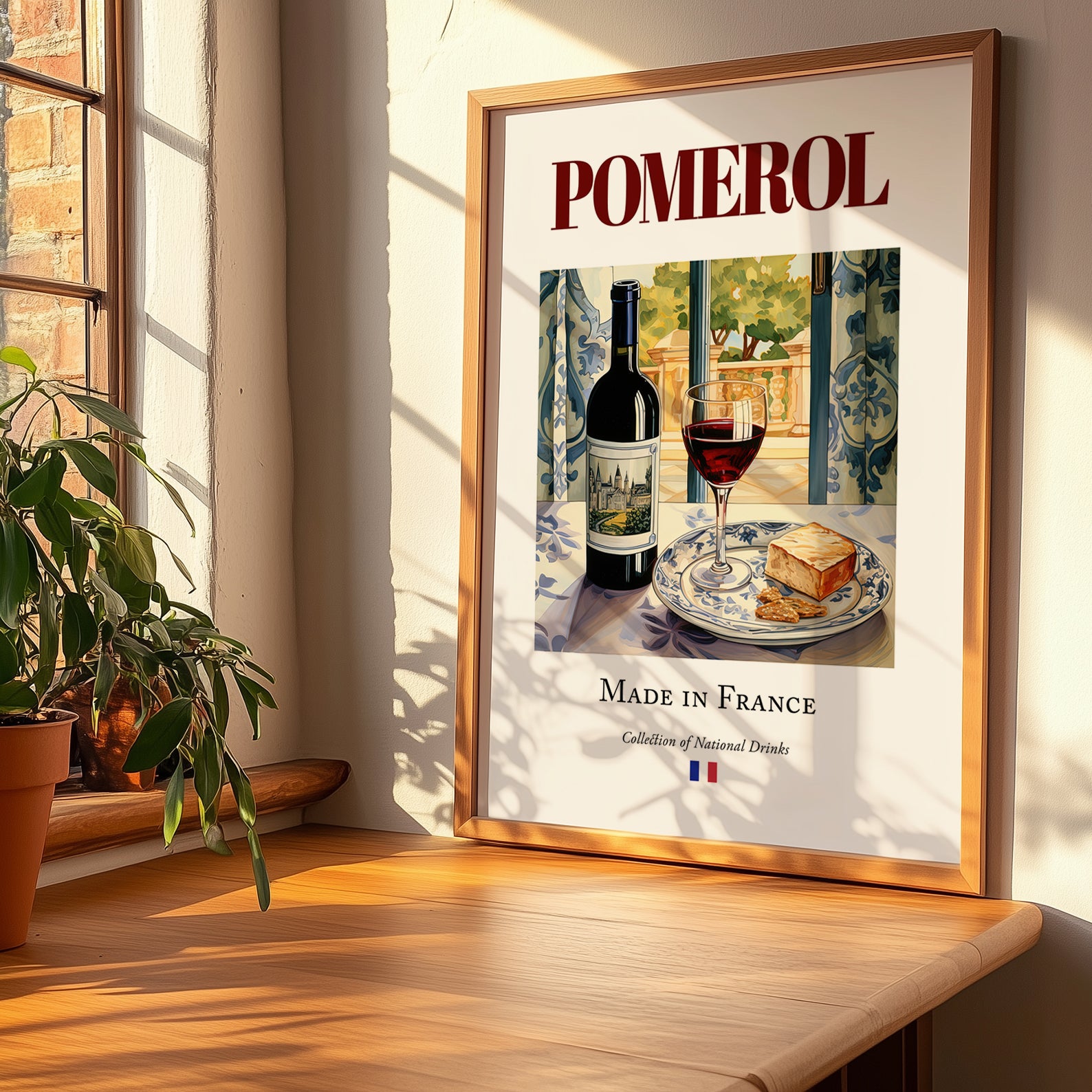 Pomerol – French Red Wine, Wine Bar Print, no-text version framed in wood