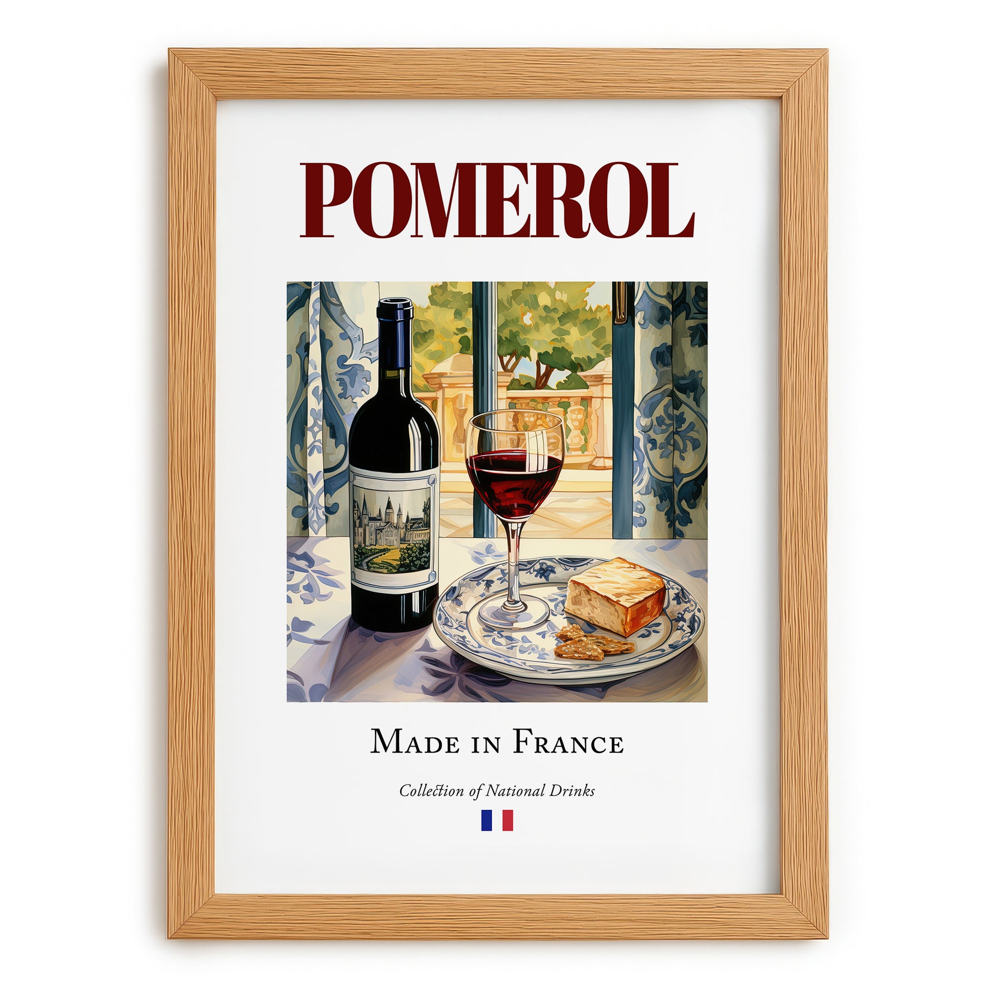 Pomerol – French Red Wine, Wine Bar Print, set in oak frame