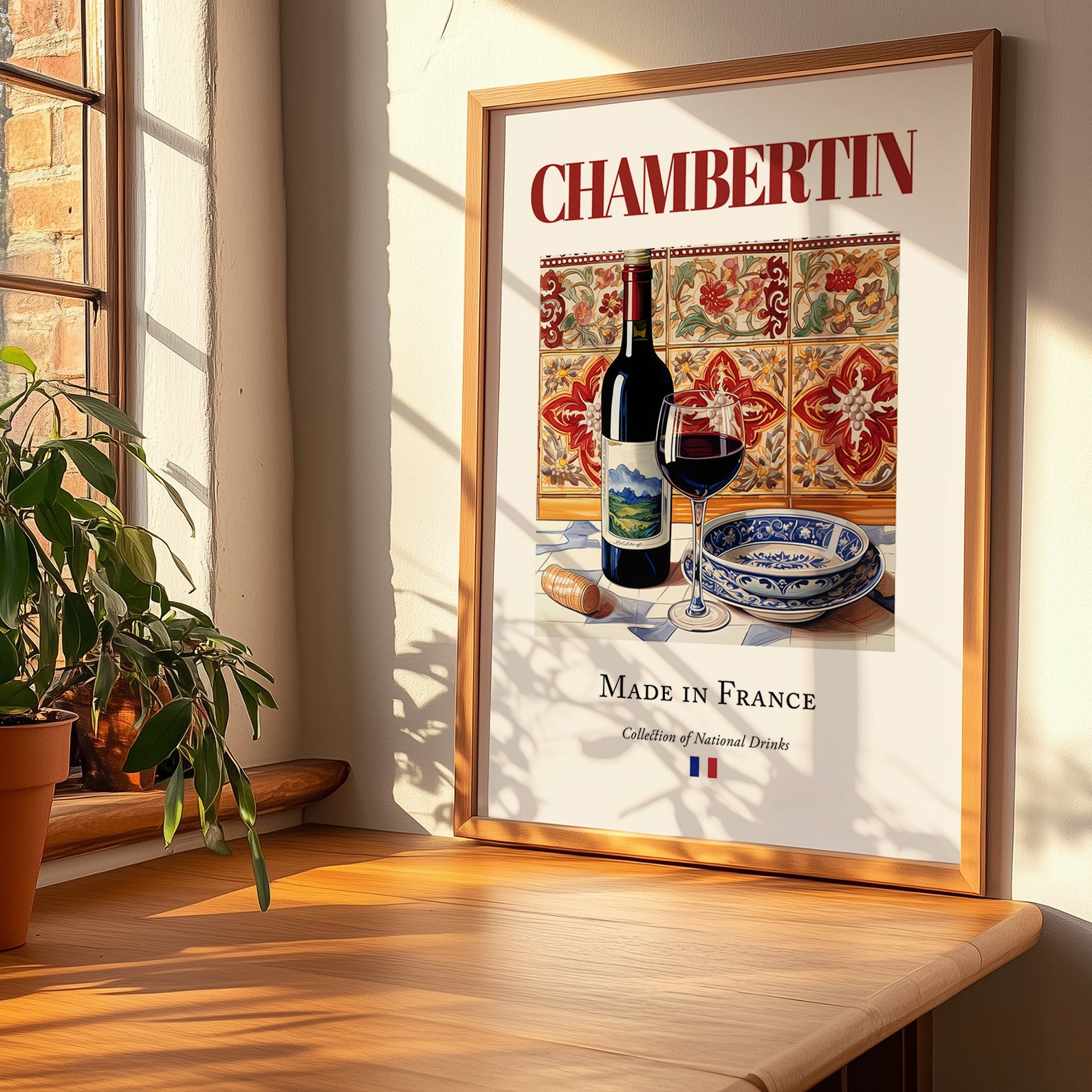 Chambertin – French Red Wine, Wine Bar Painting, no-text version framed in wood