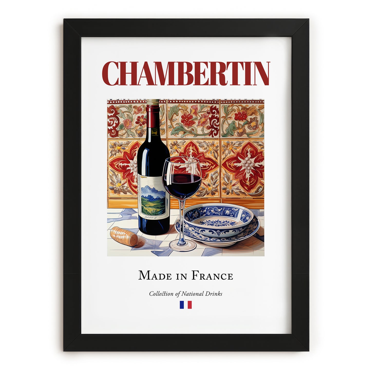 Chambertin – French Red Wine, Wine Bar Painting, in sleek black frame