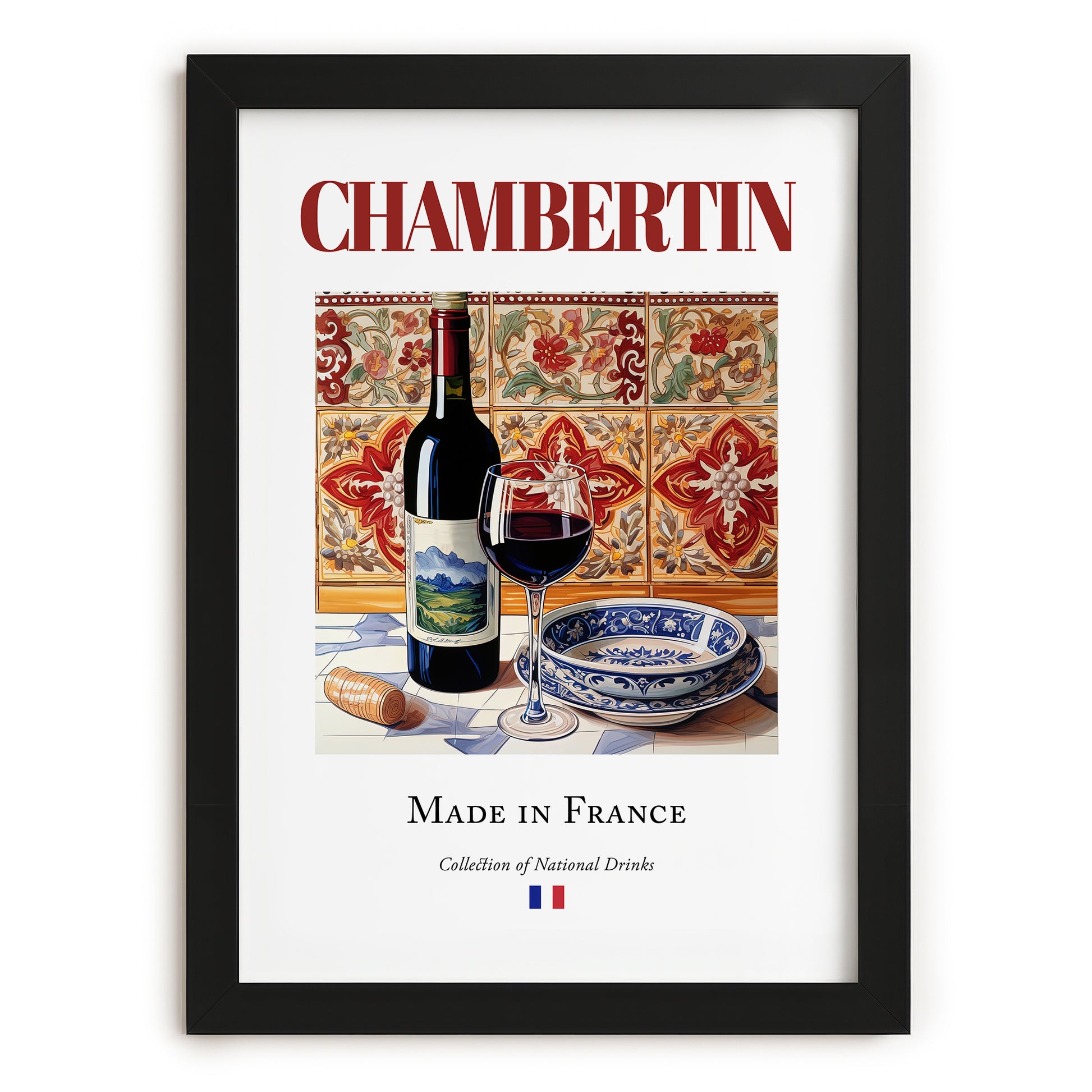 Chambertin – French Red Wine, Wine Bar Painting, in sleek black frame