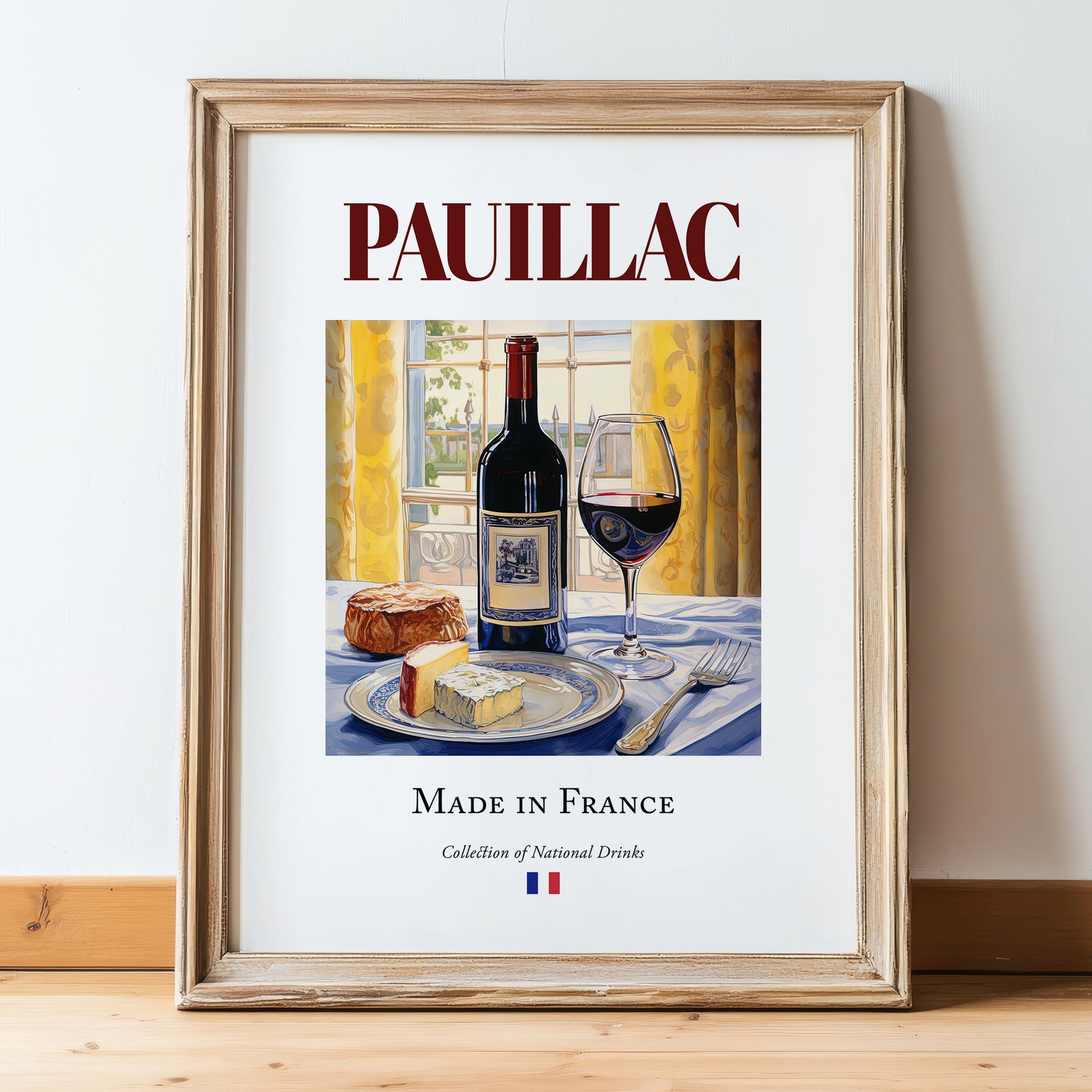 Pauillac – French Red Wine, Wine Bar Wall Decor, in wooden frame leaning on the floor