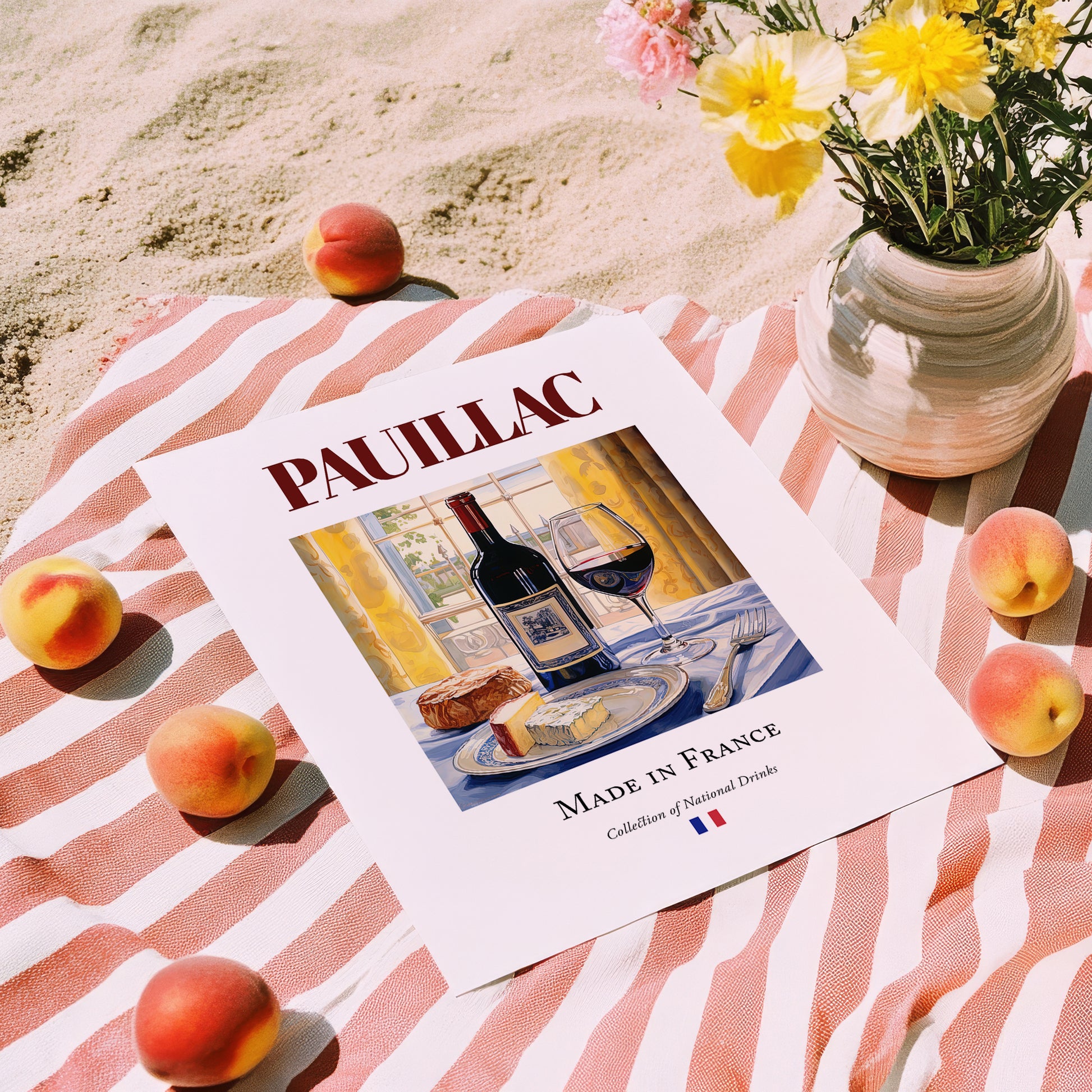 Pauillac – French Red Wine, Wine Bar Wall Decor, unframed on coastal sand