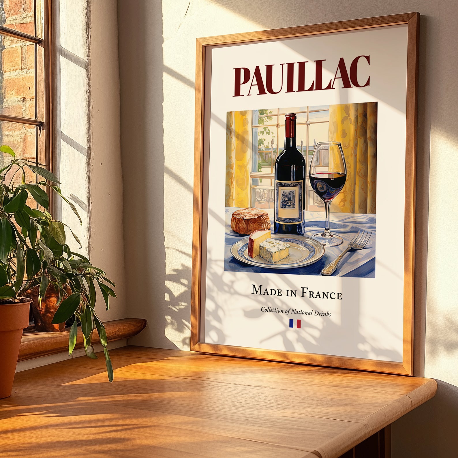 Pauillac – French Red Wine, Wine Bar Wall Decor, no-text version framed in wood