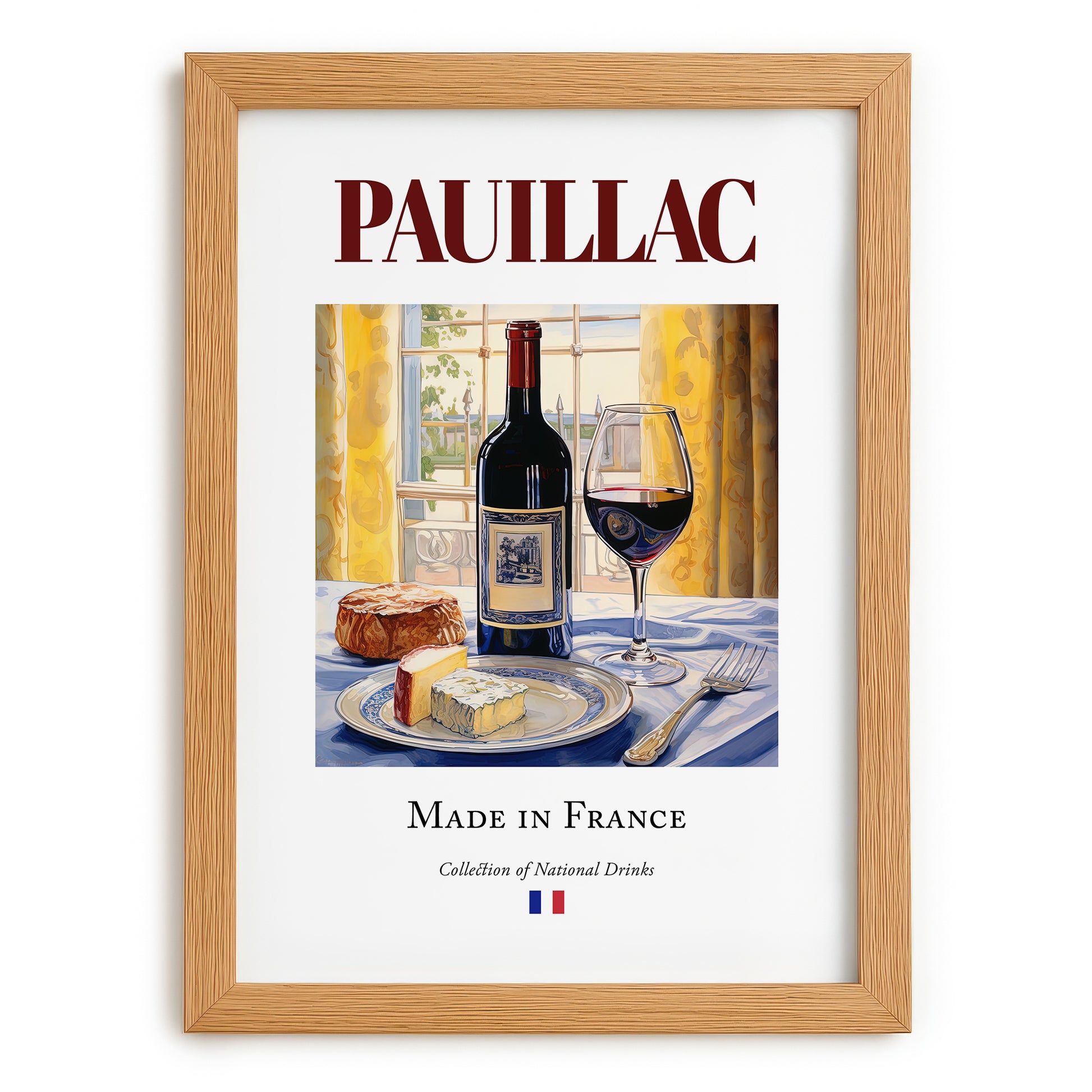 Pauillac – French Red Wine, Wine Bar Wall Decor, set in oak frame