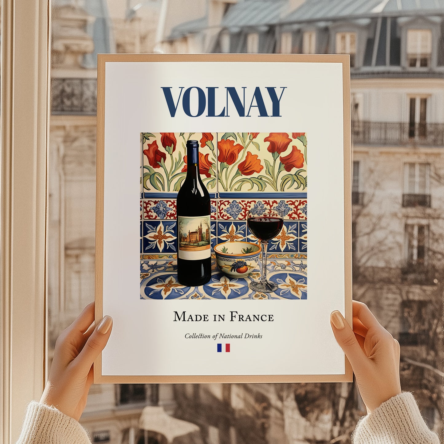 Volnay – French Red Wine, Vineyard Terrace Poster, styled in a charming Paris street view