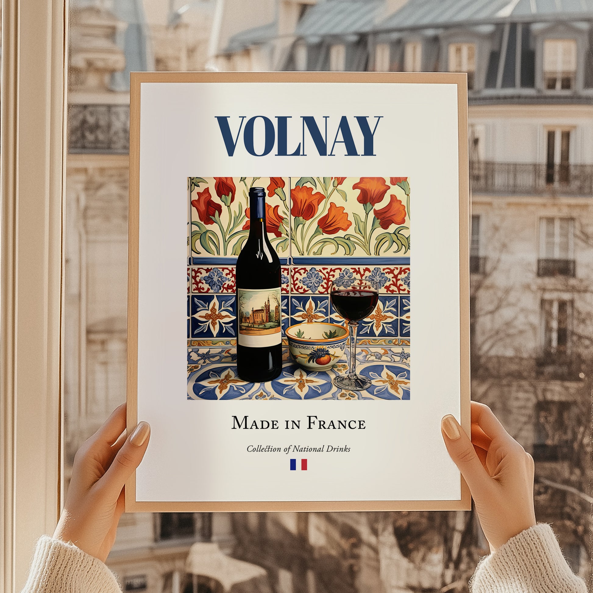 Volnay – French Red Wine, Vineyard Terrace Poster, styled in a charming Paris street view