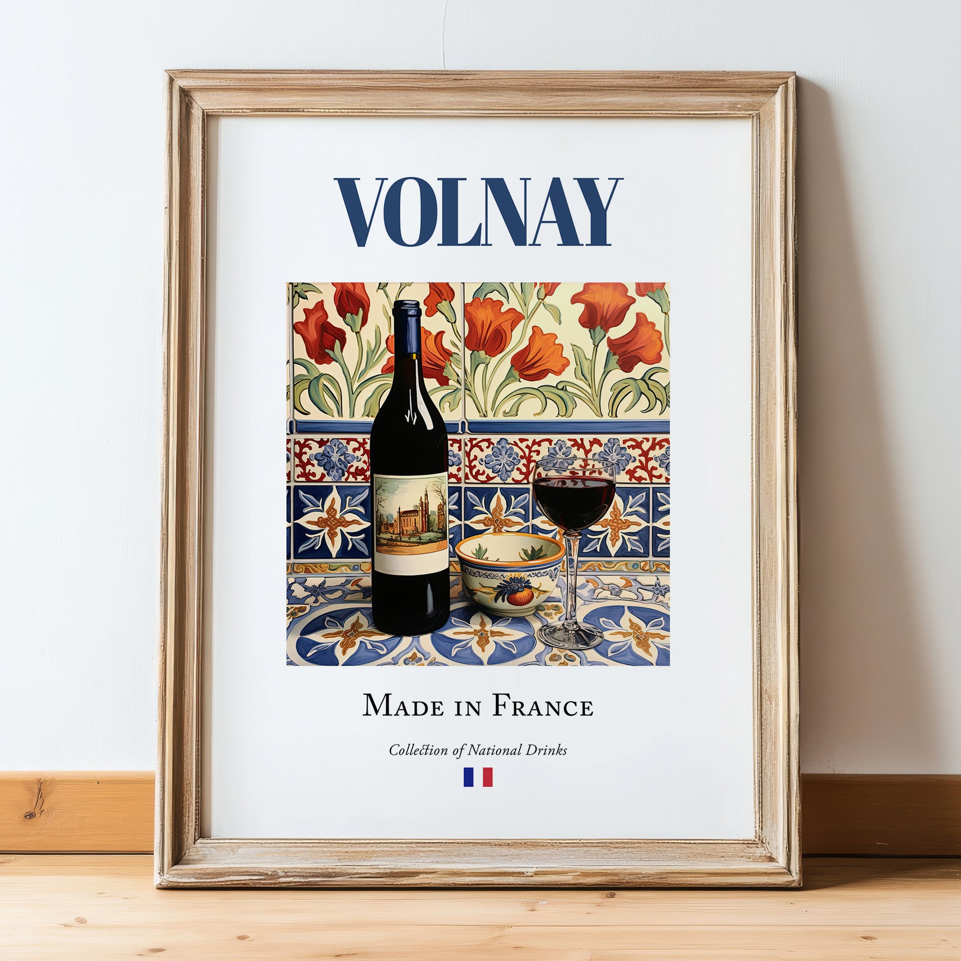 Volnay – French Red Wine, Vineyard Terrace Poster, in wooden frame leaning on the floor