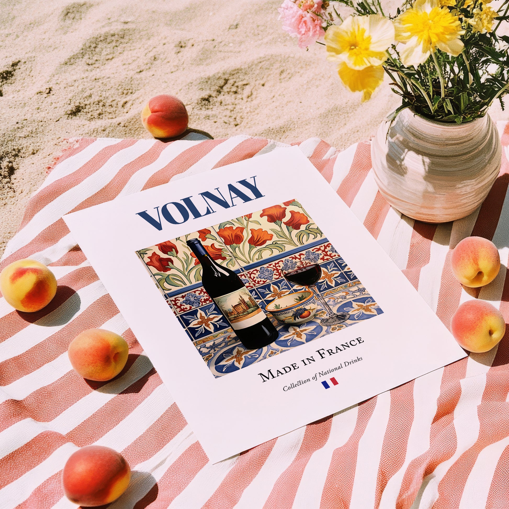 Volnay – French Red Wine, Vineyard Terrace Poster, unframed on coastal sand
