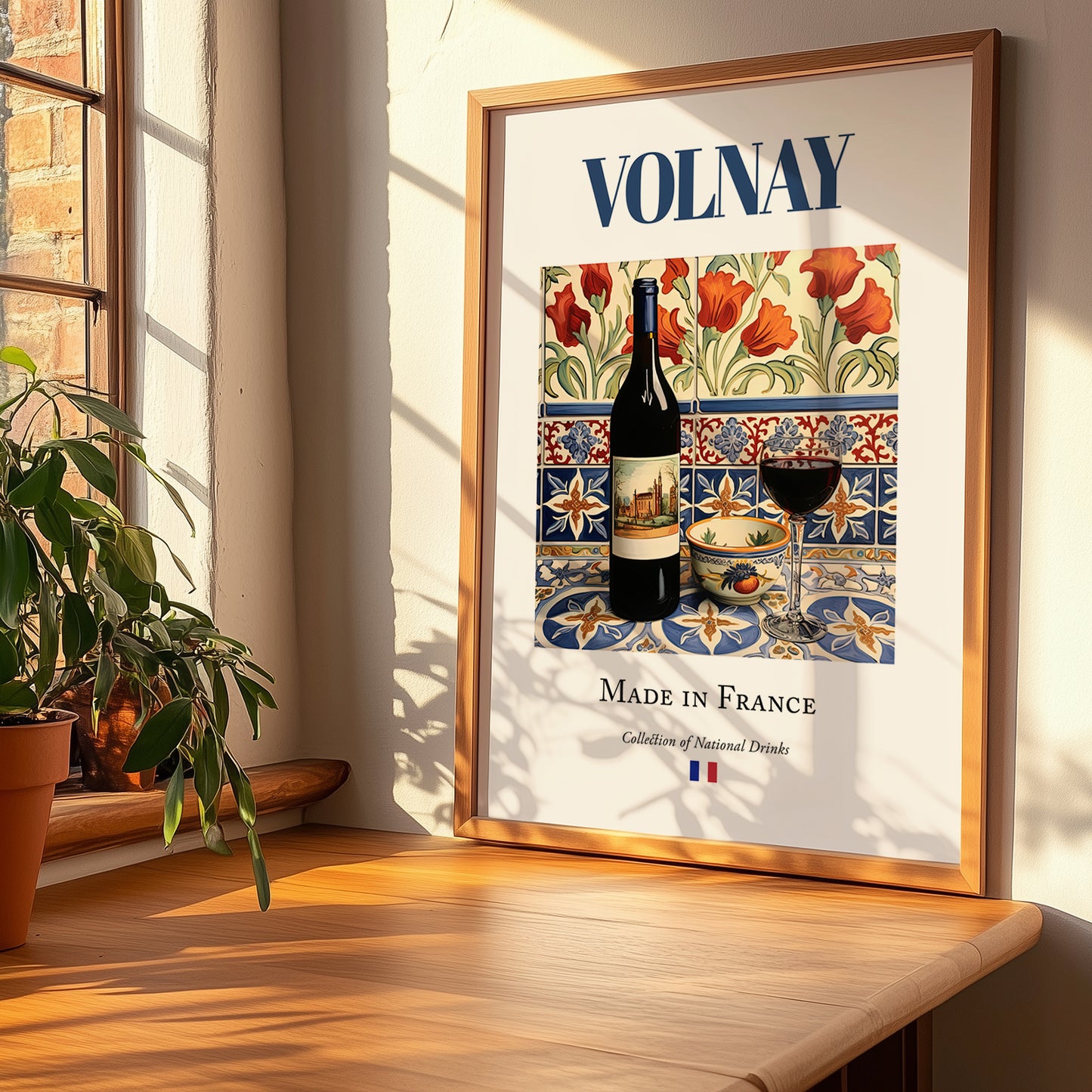 Volnay – French Red Wine, Vineyard Terrace Poster, no-text version framed in wood