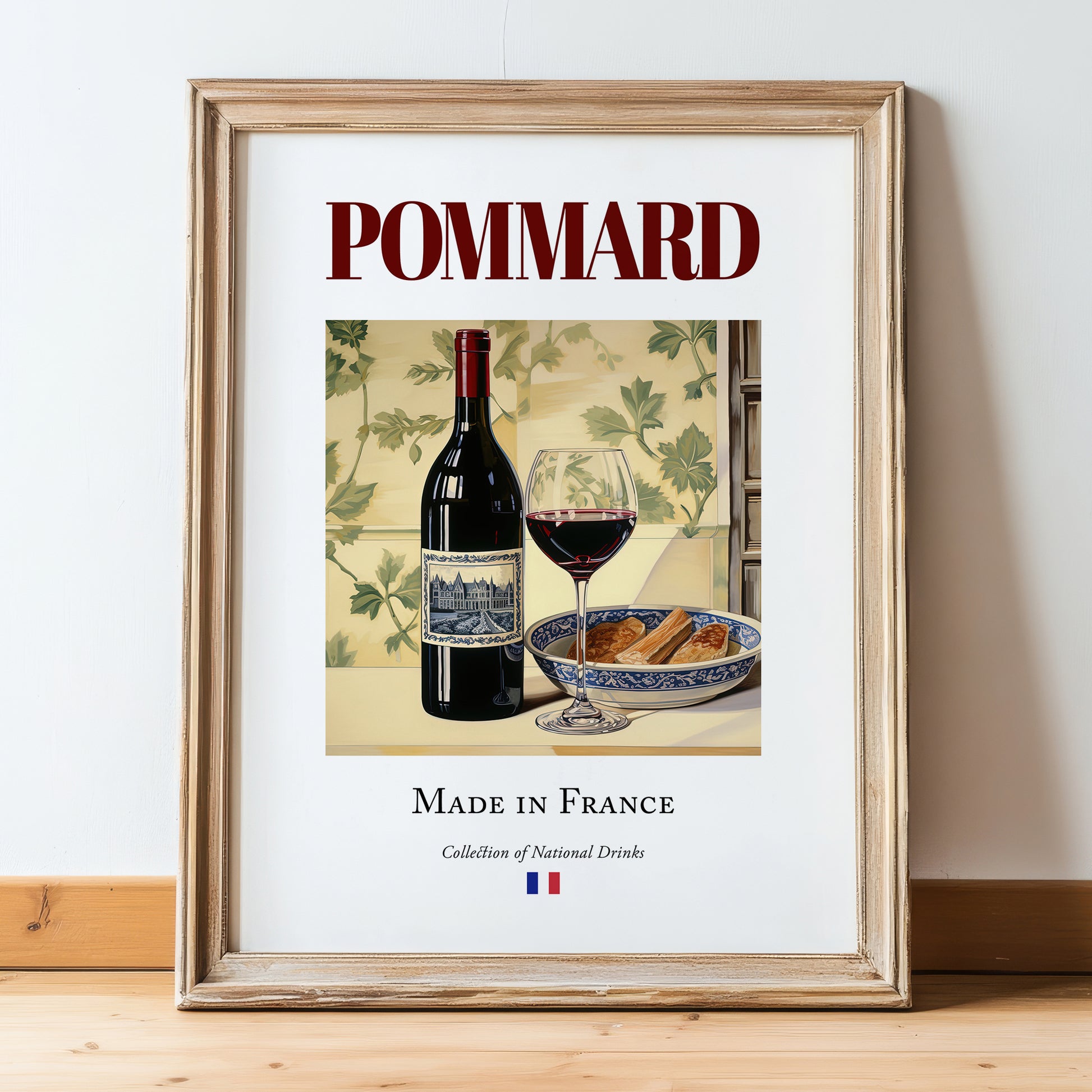 Pommard – French Red Wine, Vinoteca Poster, in wooden frame leaning on the floor