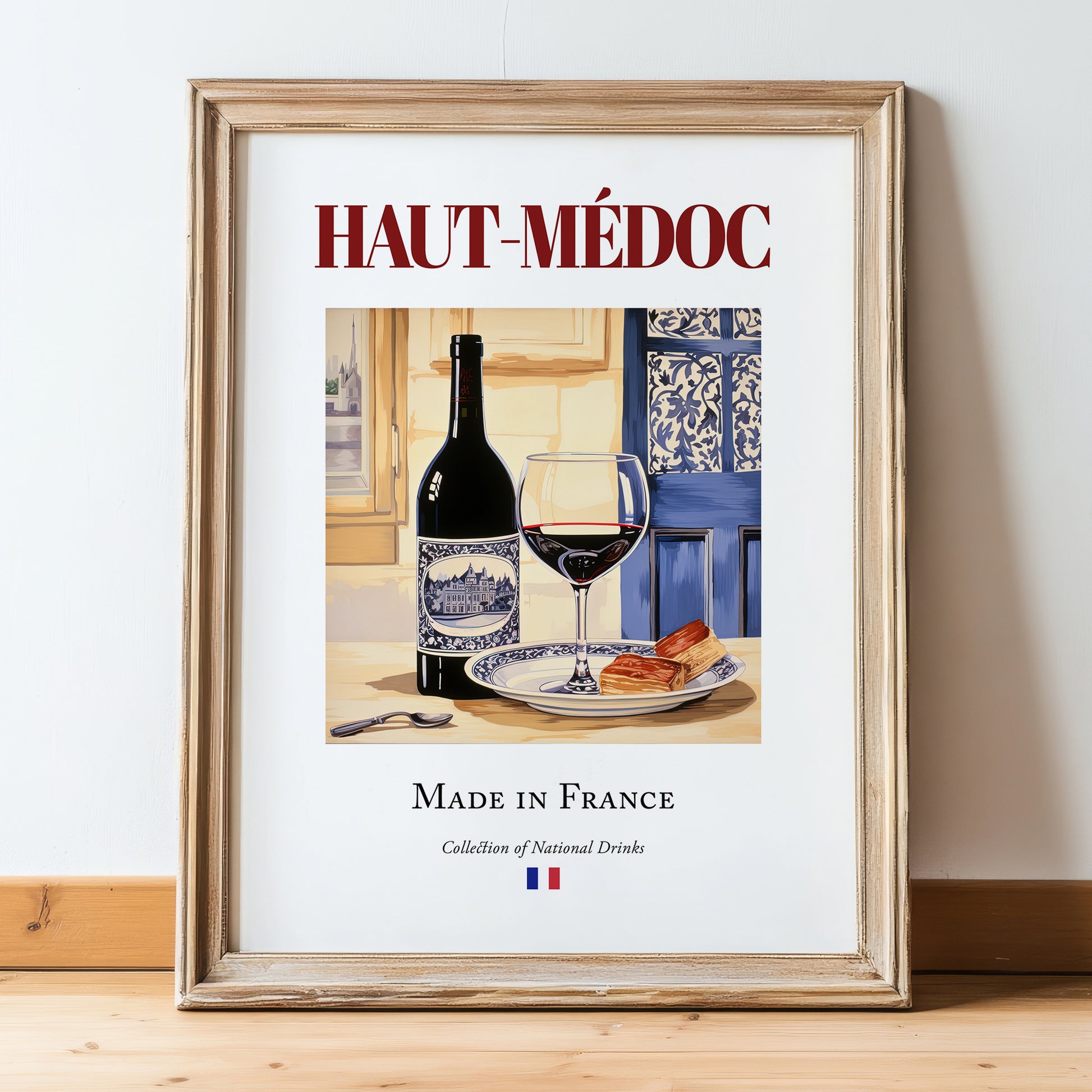 Haut-Médoc – French Red Wine, Enoteca Painting, in wooden frame leaning on the floor