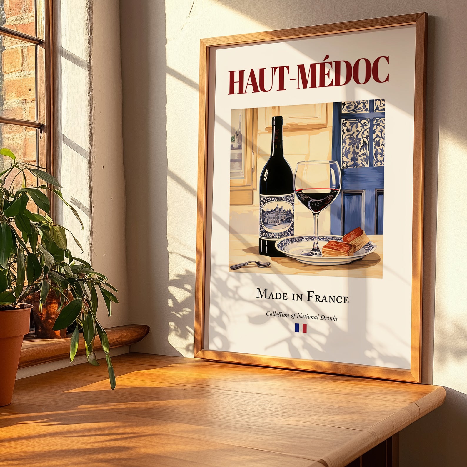 Haut-Médoc – French Red Wine, Enoteca Painting, no-text version framed in wood