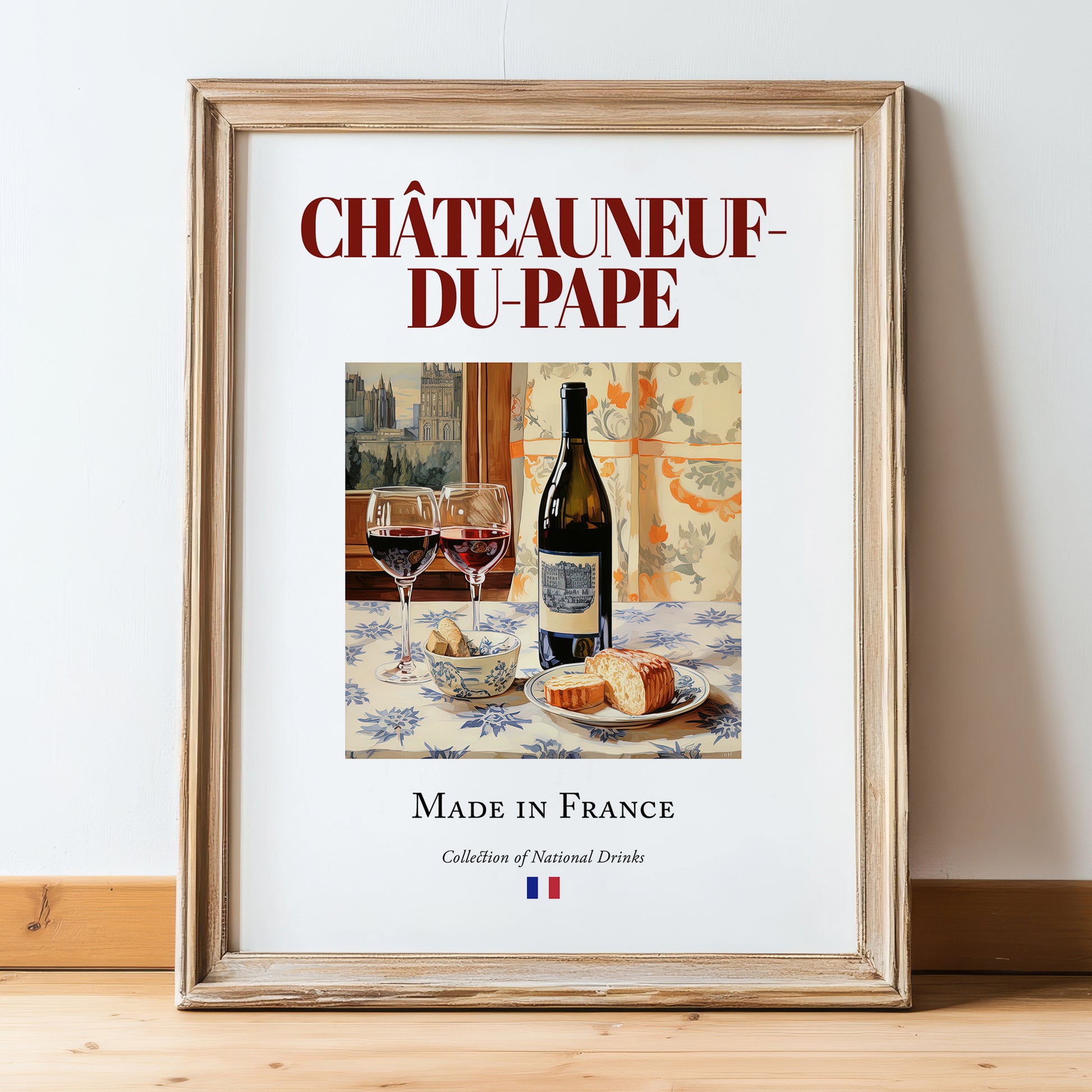 Châteauneuf-du-Pape – French Red Wine, Vinoteca Wall Decor, in wooden frame leaning on the floor