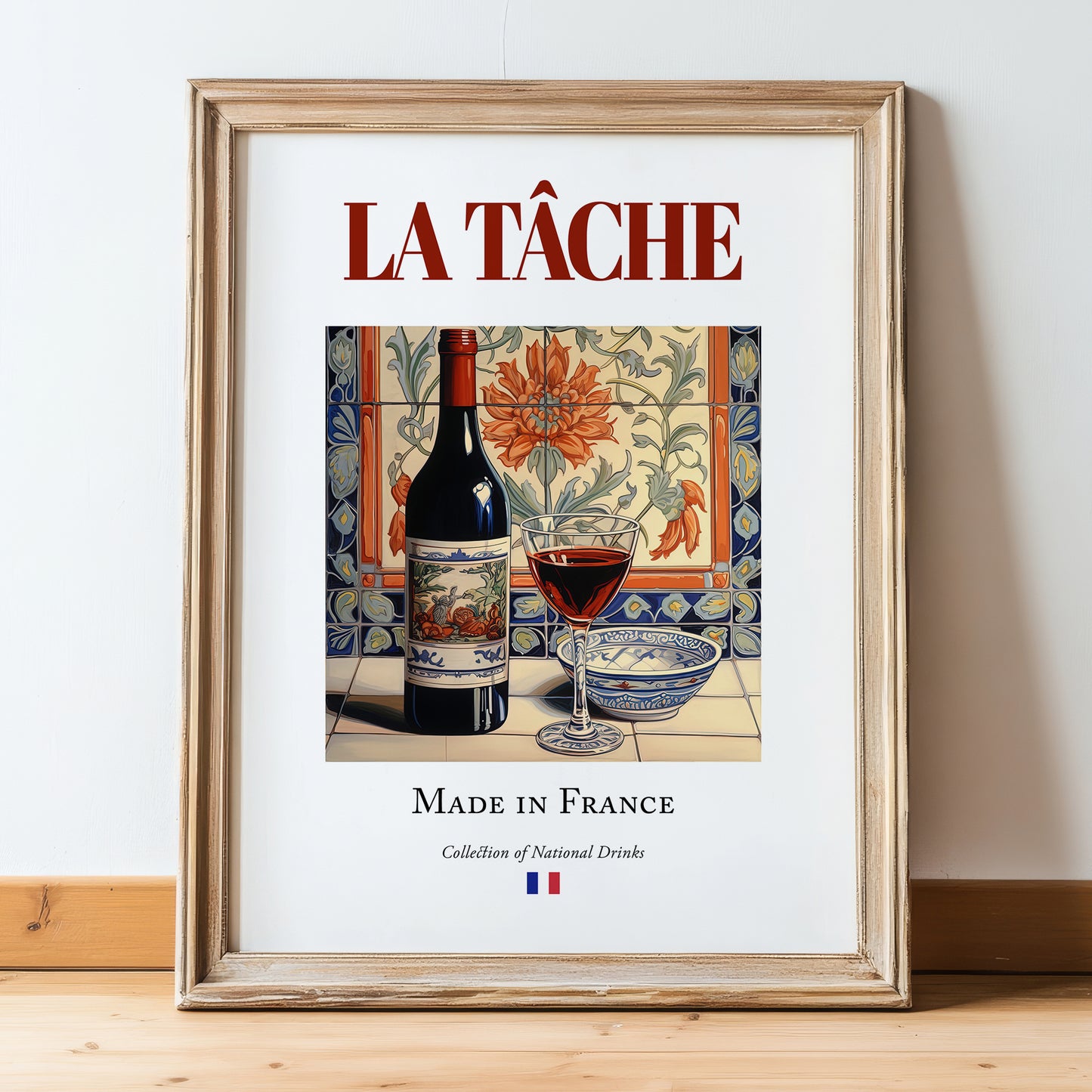 La Tâche – French Red Wine, Wine Bar Illustration, in wooden frame leaning on the floor