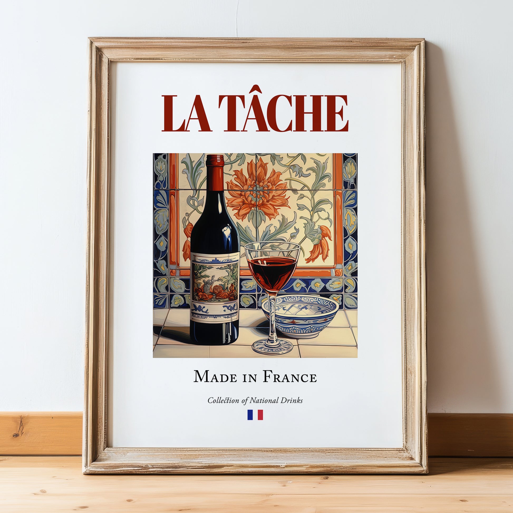 La Tâche – French Red Wine, Wine Bar Illustration, in wooden frame leaning on the floor