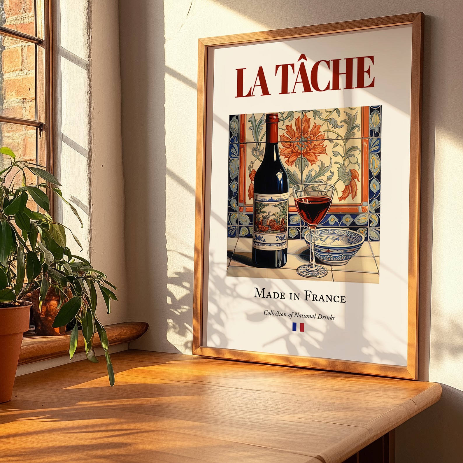 La Tâche – French Red Wine, Wine Bar Illustration, no-text version framed in wood