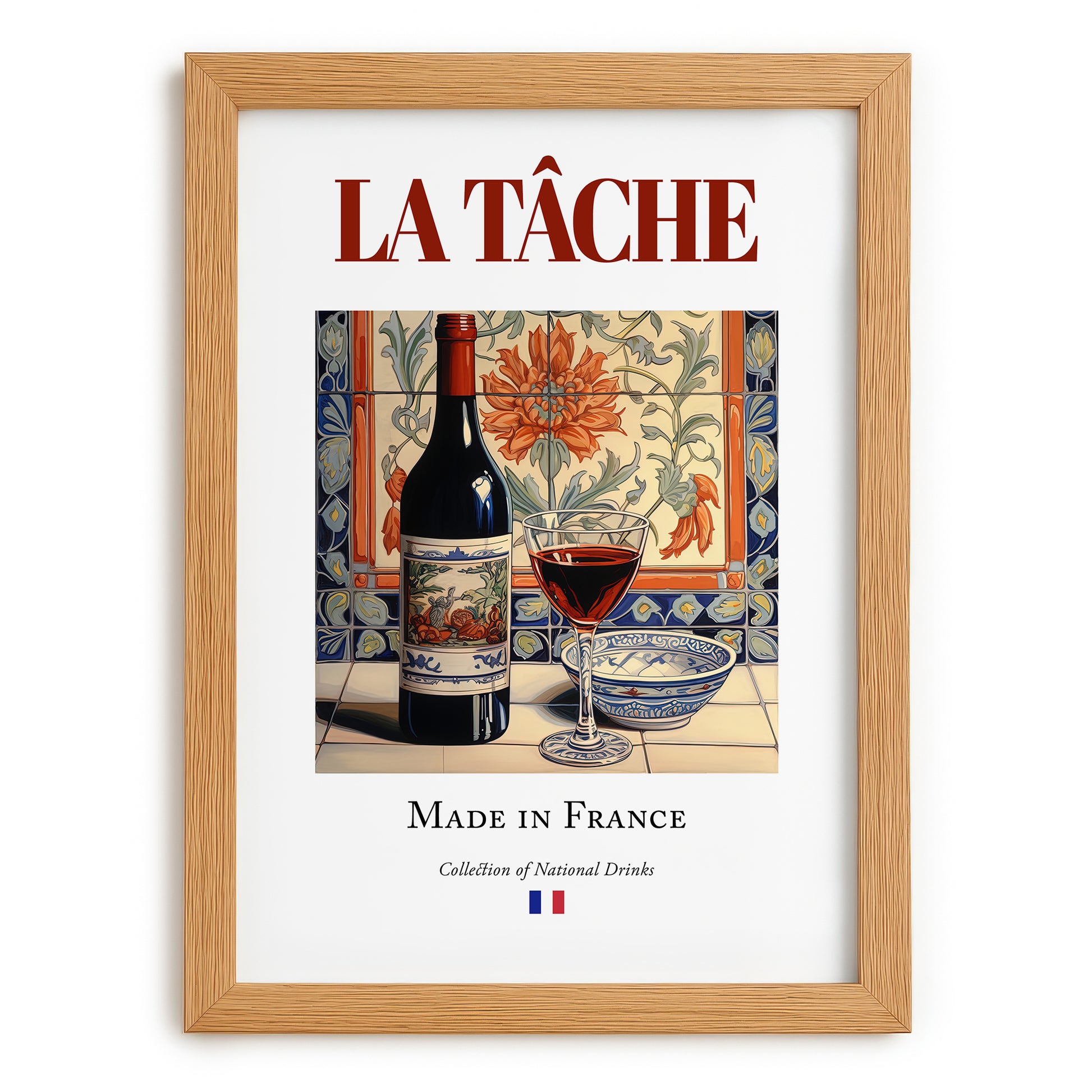 La Tâche – French Red Wine, Wine Bar Illustration, set in oak frame