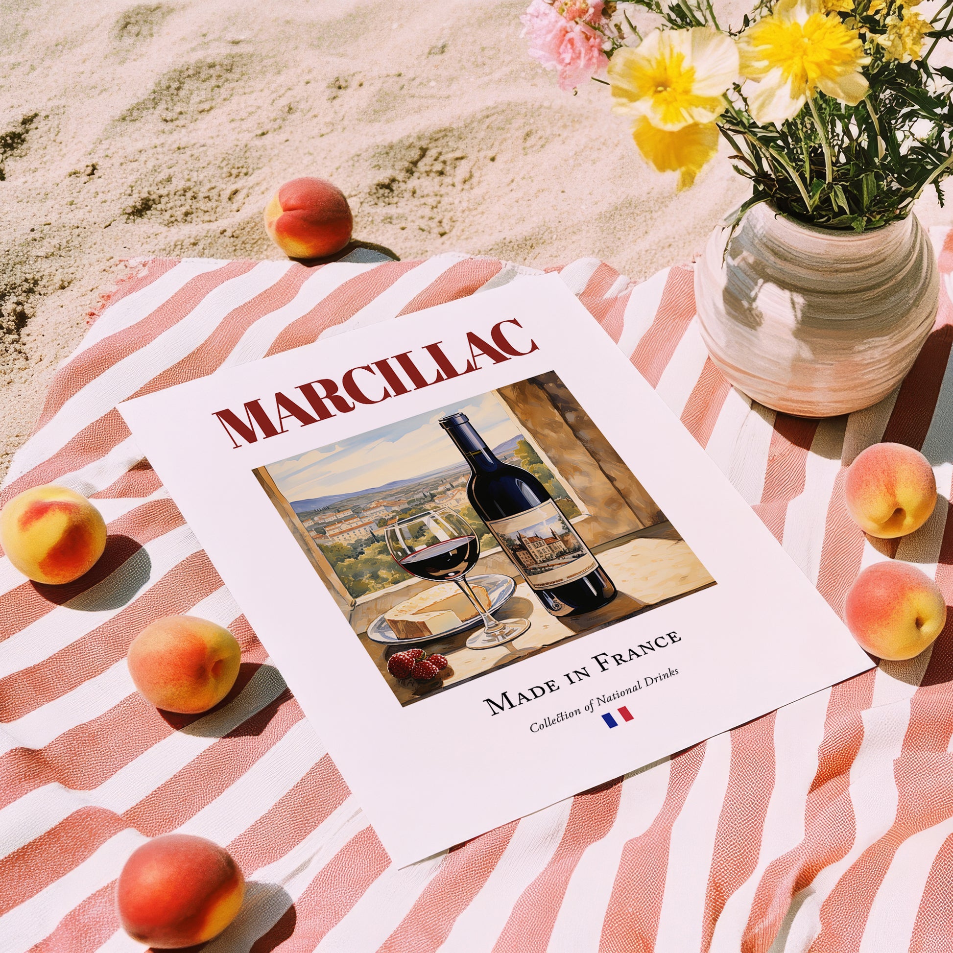 Marcillac – French Red Wine, Vinoteca Wall Decor, unframed on coastal sand
