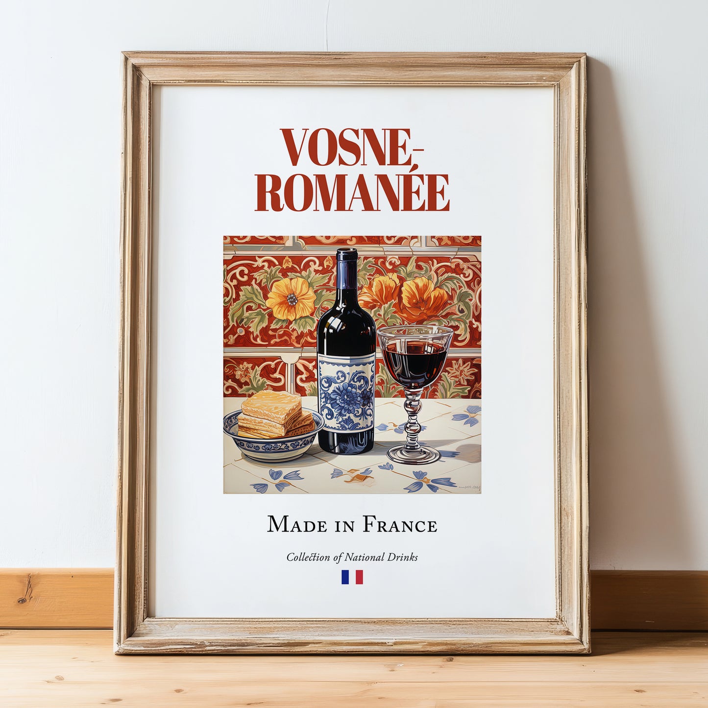 Vosne-Romanée – French Red Wine, Vinoteca Print, in wooden frame leaning on the floor