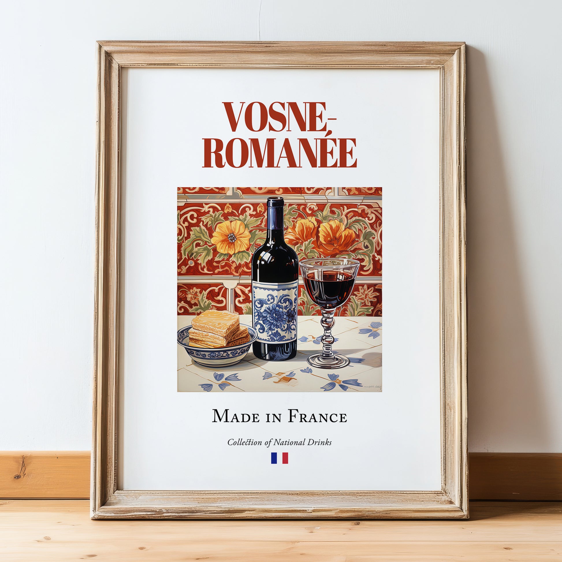 Vosne-Romanée – French Red Wine, Vinoteca Print, in wooden frame leaning on the floor