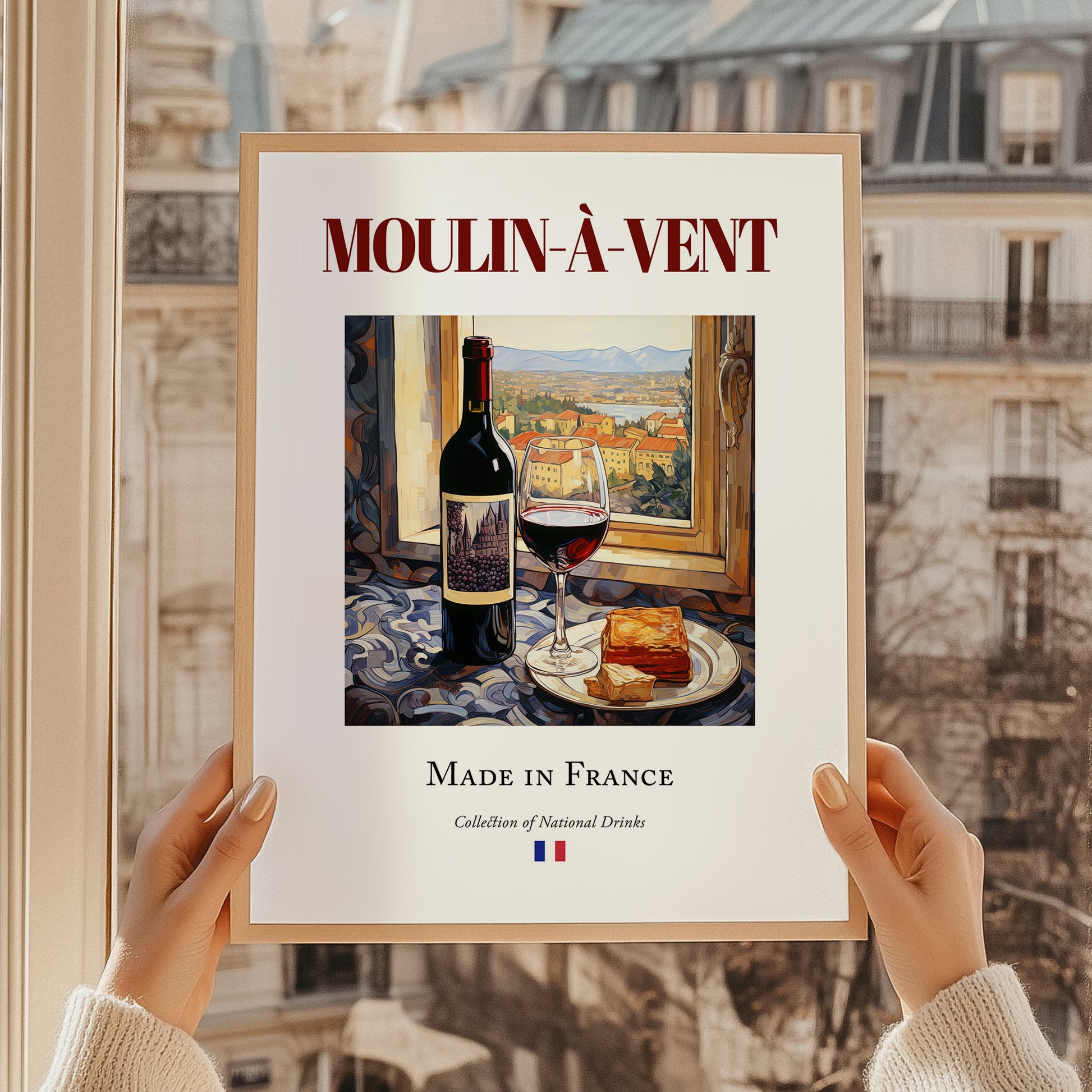 Moulin-à-Vent – French Red Wine, Wine Bar Still Life, styled in a charming Paris street view