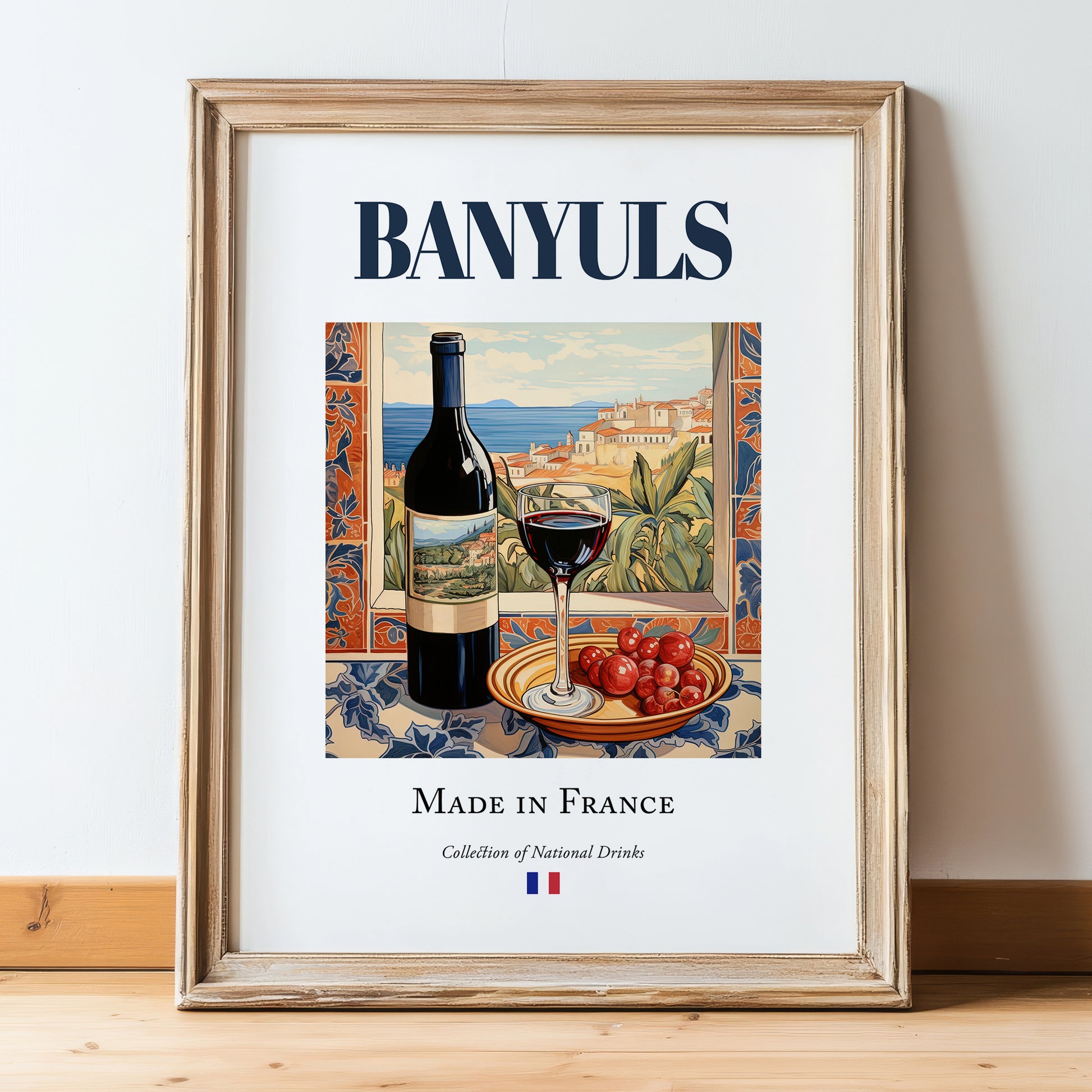 Banyuls – French Dessert Wine, Vineyard Terrace Art, in wooden frame leaning on the floor