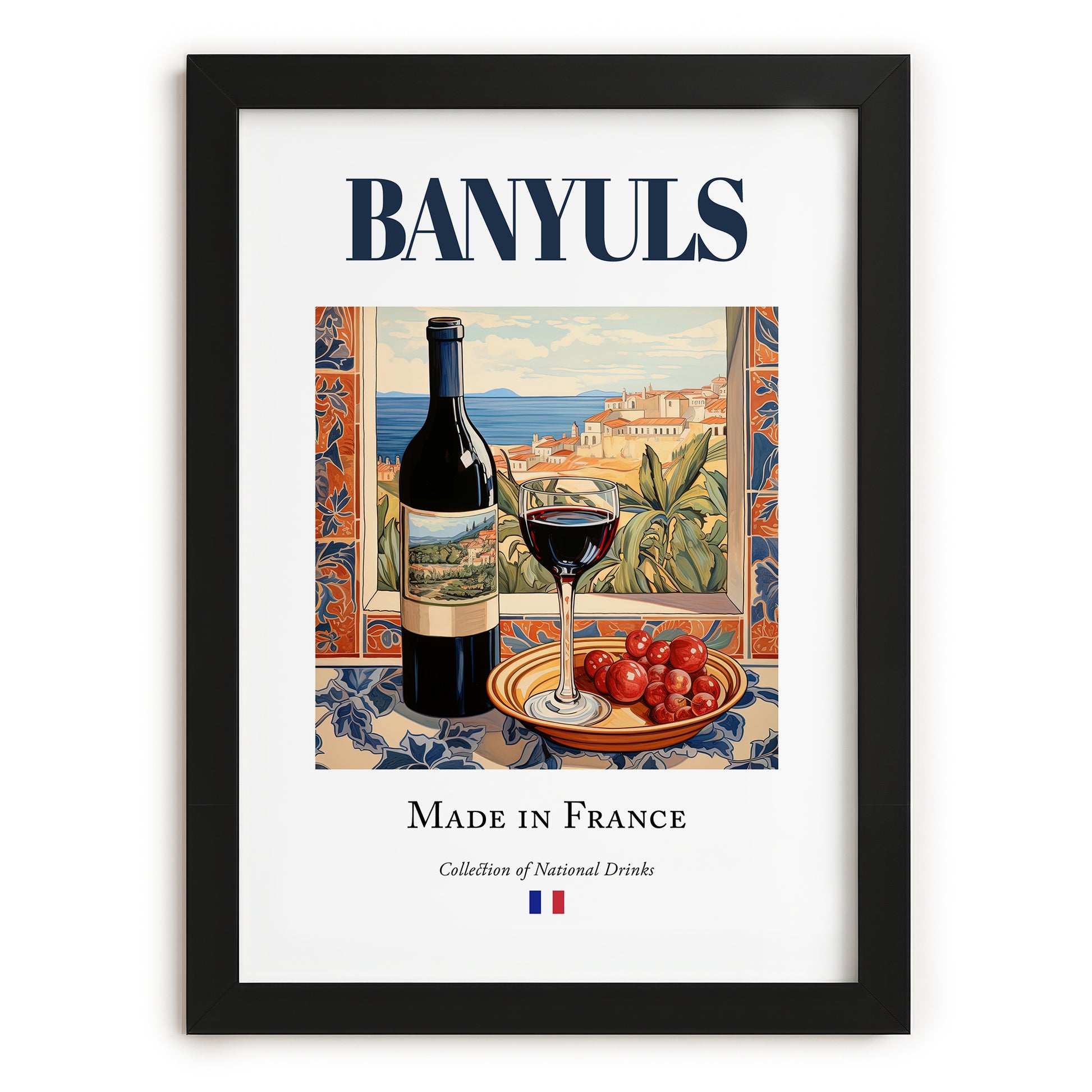 Banyuls – French Dessert Wine, Vineyard Terrace Art, in sleek black frame