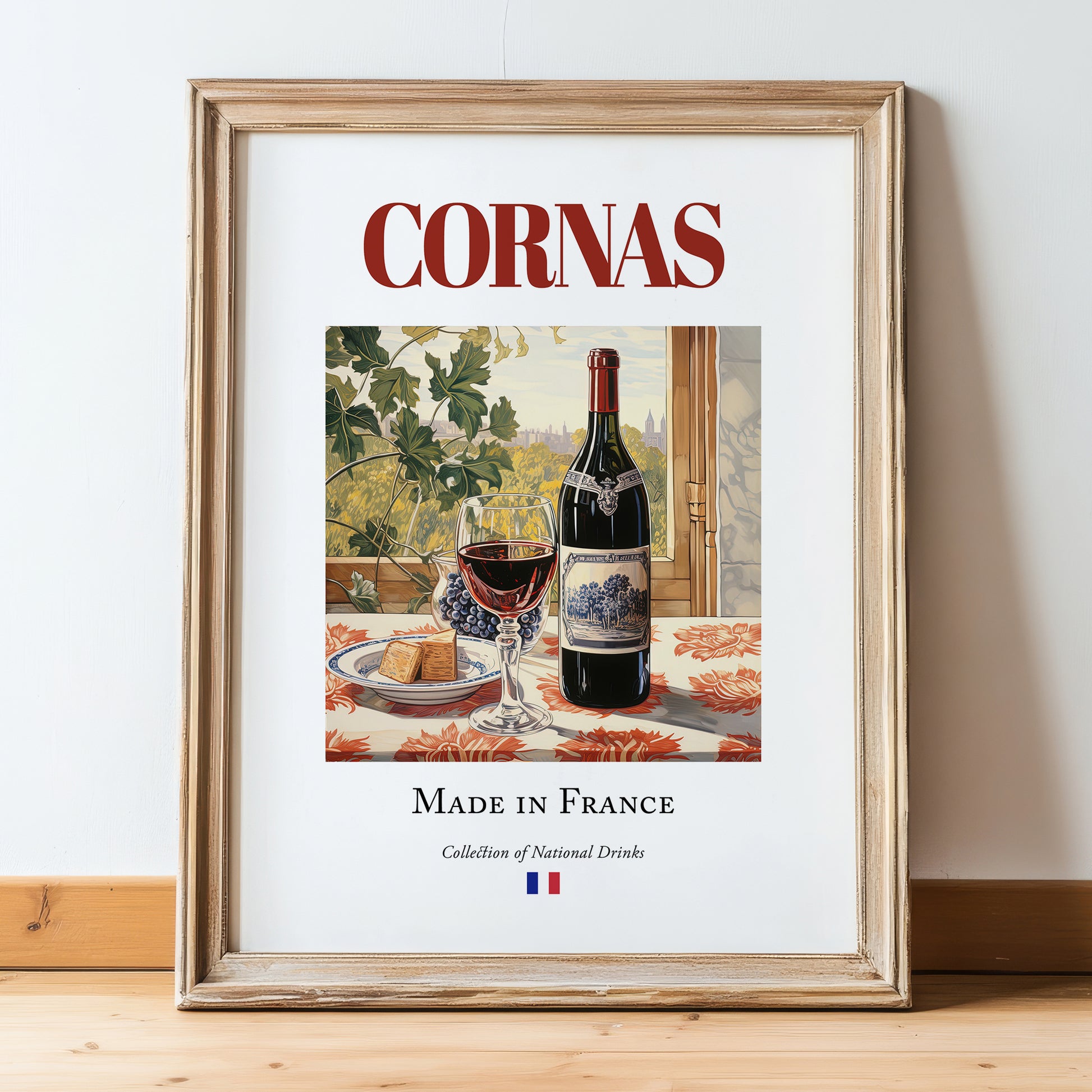 Cornas – French Red Wine, Bodega Print, in wooden frame leaning on the floor