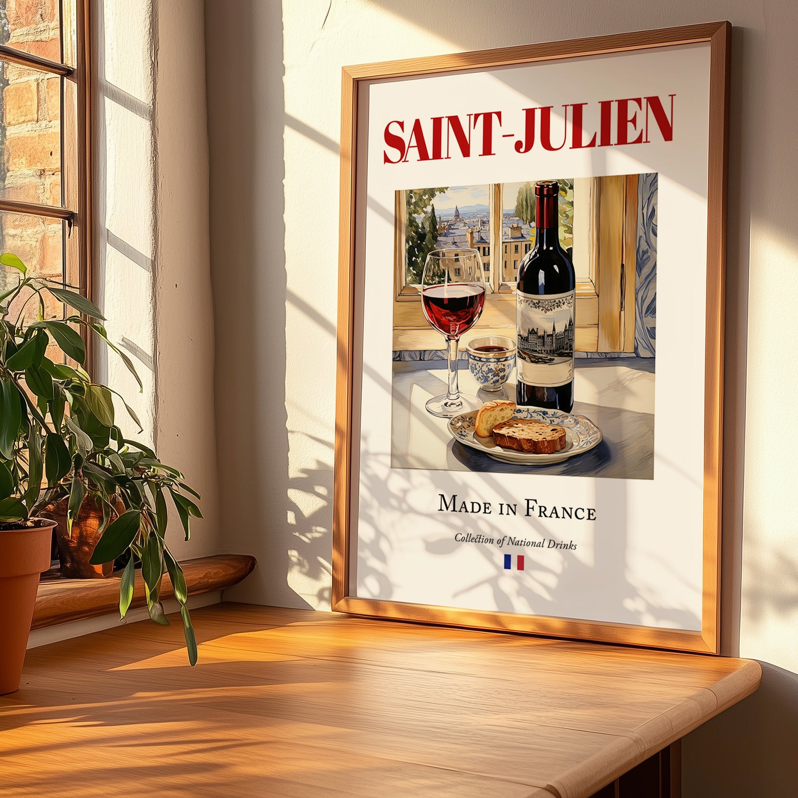 Saint-Julien – French Red Wine, Vinoteca Wall Art, no-text version framed in wood