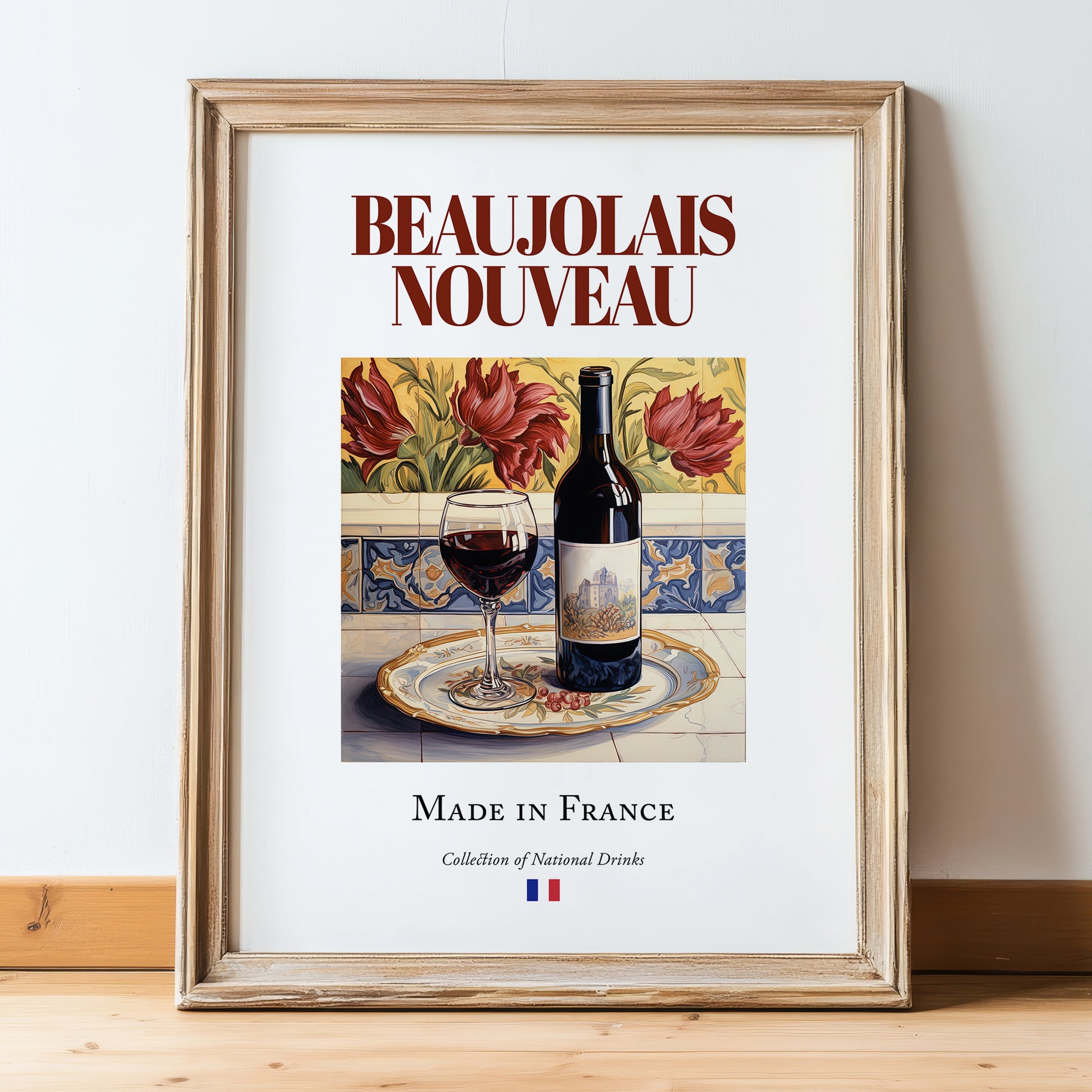 Beaujolais Nouveau – French Red Wine, Tasting Room Print, in wooden frame leaning on the floor