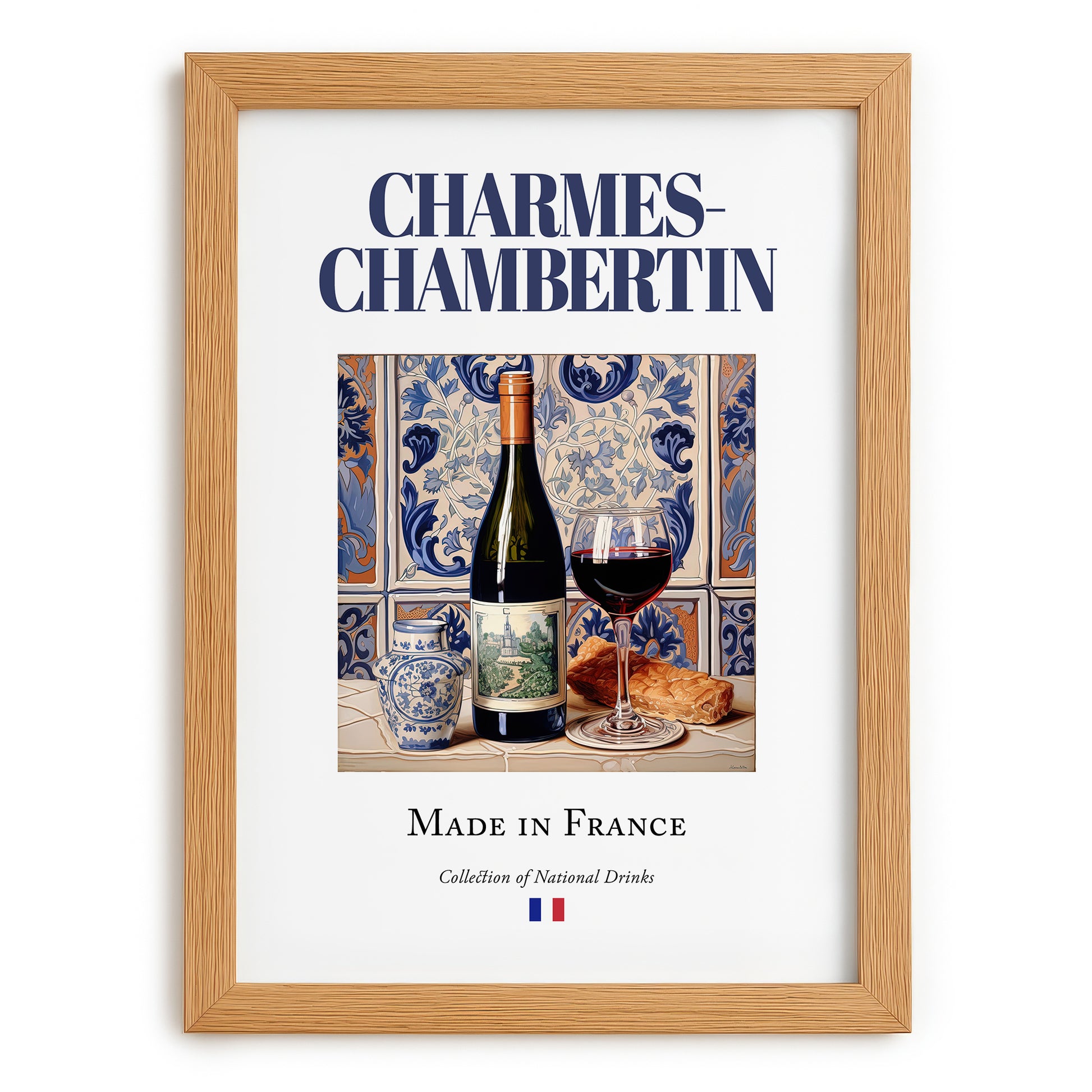 Charmes-Chambertin – French Red Wine, Wine Bar Art, set in oak frame
