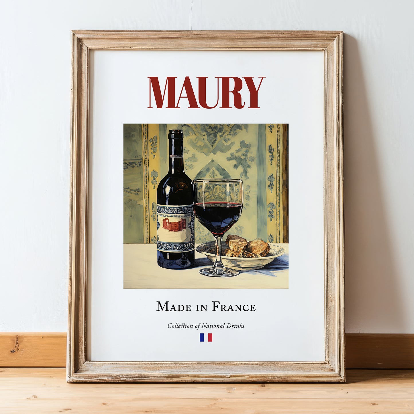 Maury – French Dessert Wine, Wine Bar Print, in wooden frame leaning on the floor