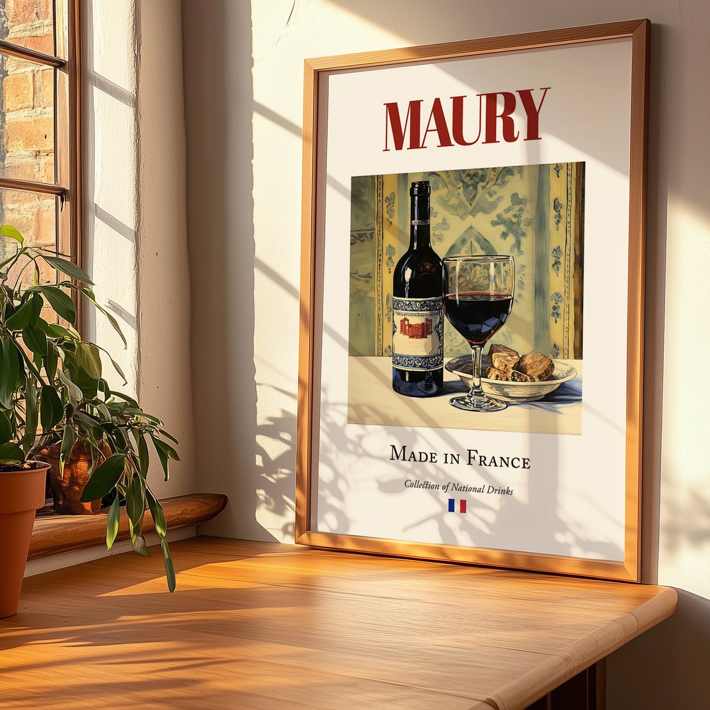 Maury – French Dessert Wine, Wine Bar Print, no-text version framed in wood