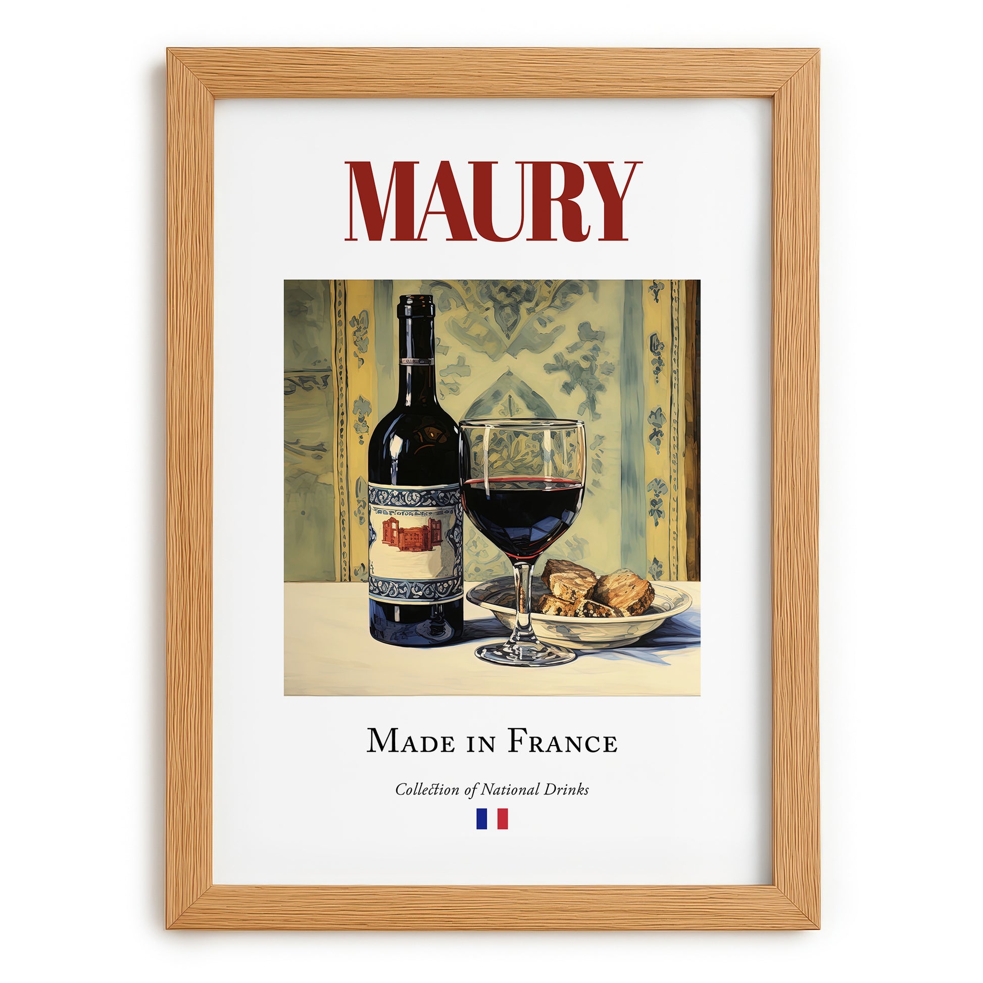 Maury – French Dessert Wine, Wine Bar Print, set in oak frame