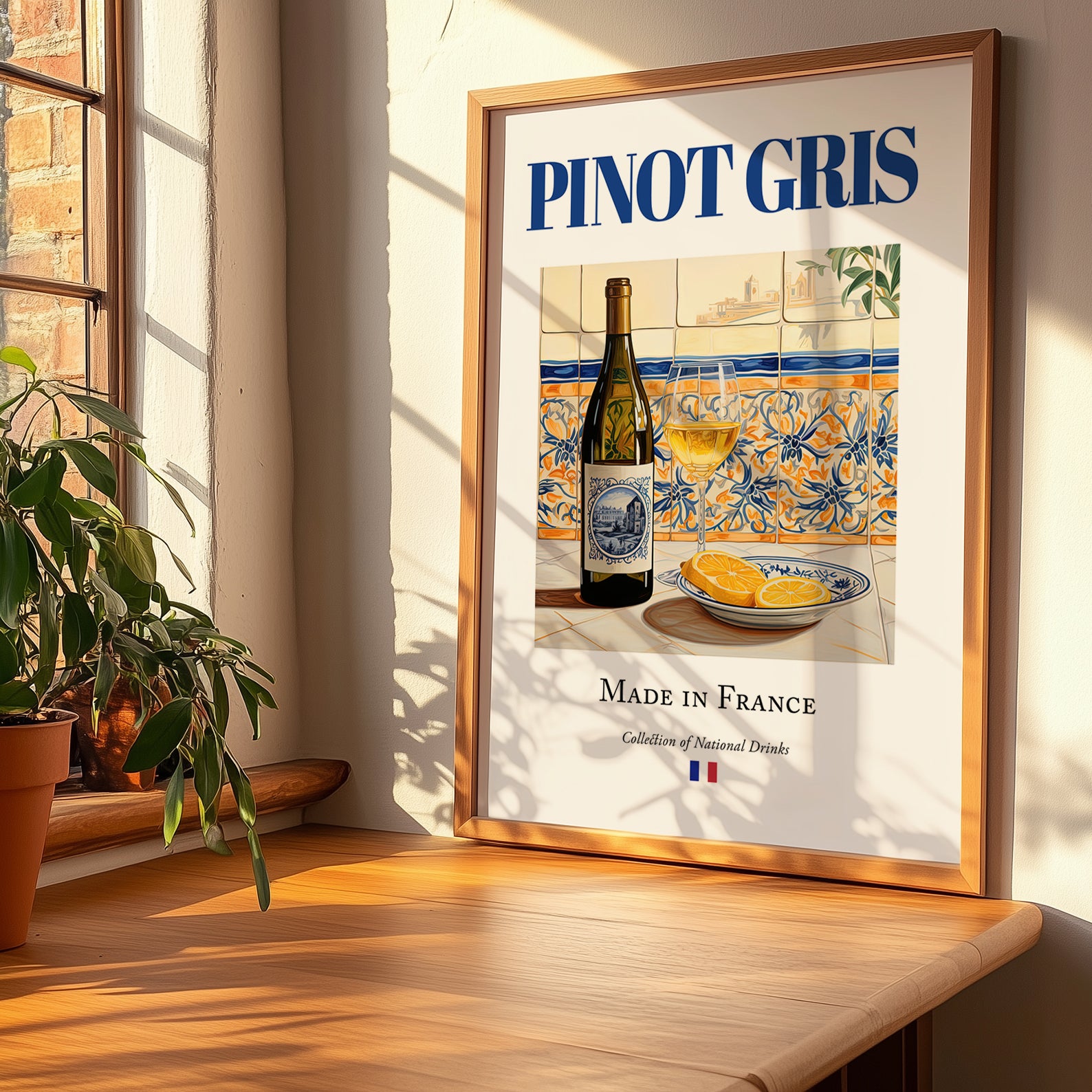 Pinot Gris – French White Wine, Tasting Room Still Life, no-text version framed in wood